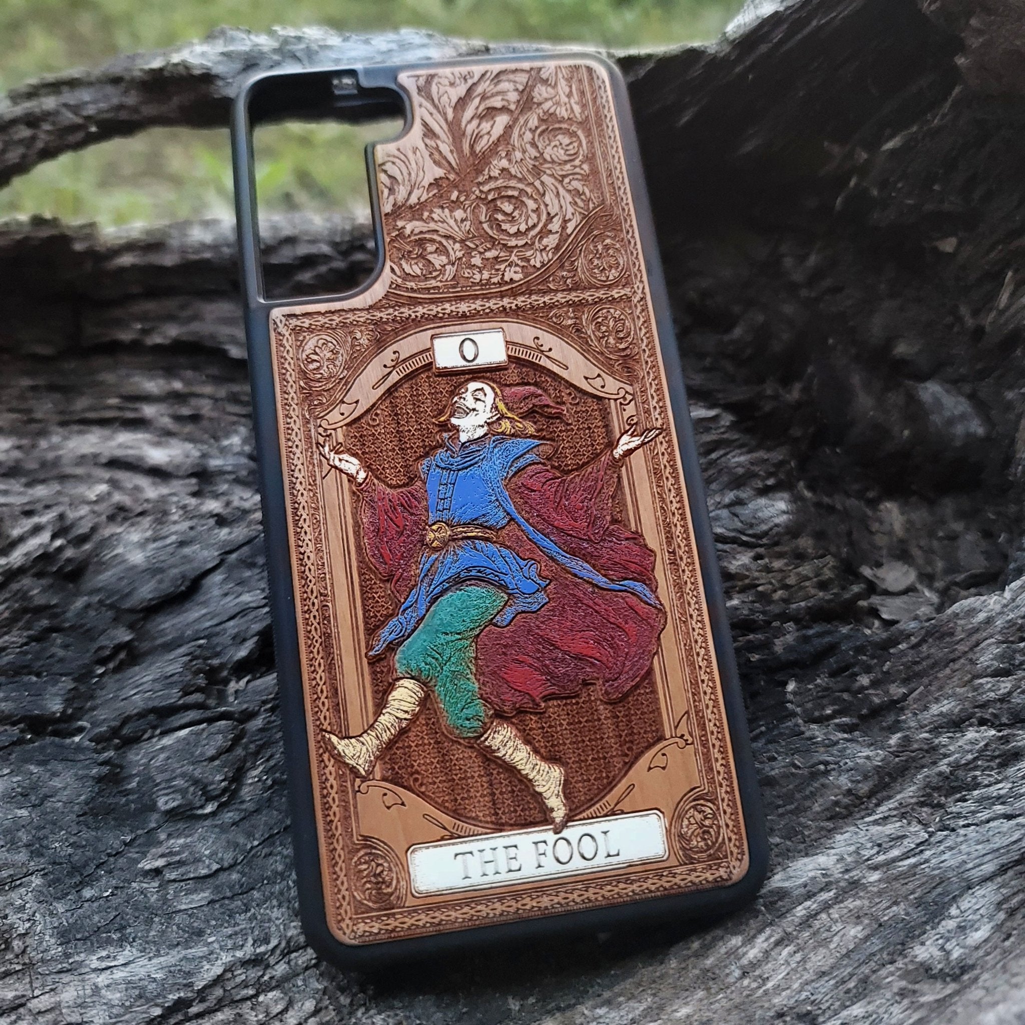 The Fool tarot wood phone case – engraved and hand-painted for iPhone , Galaxy S – mystical design for tarot lovers