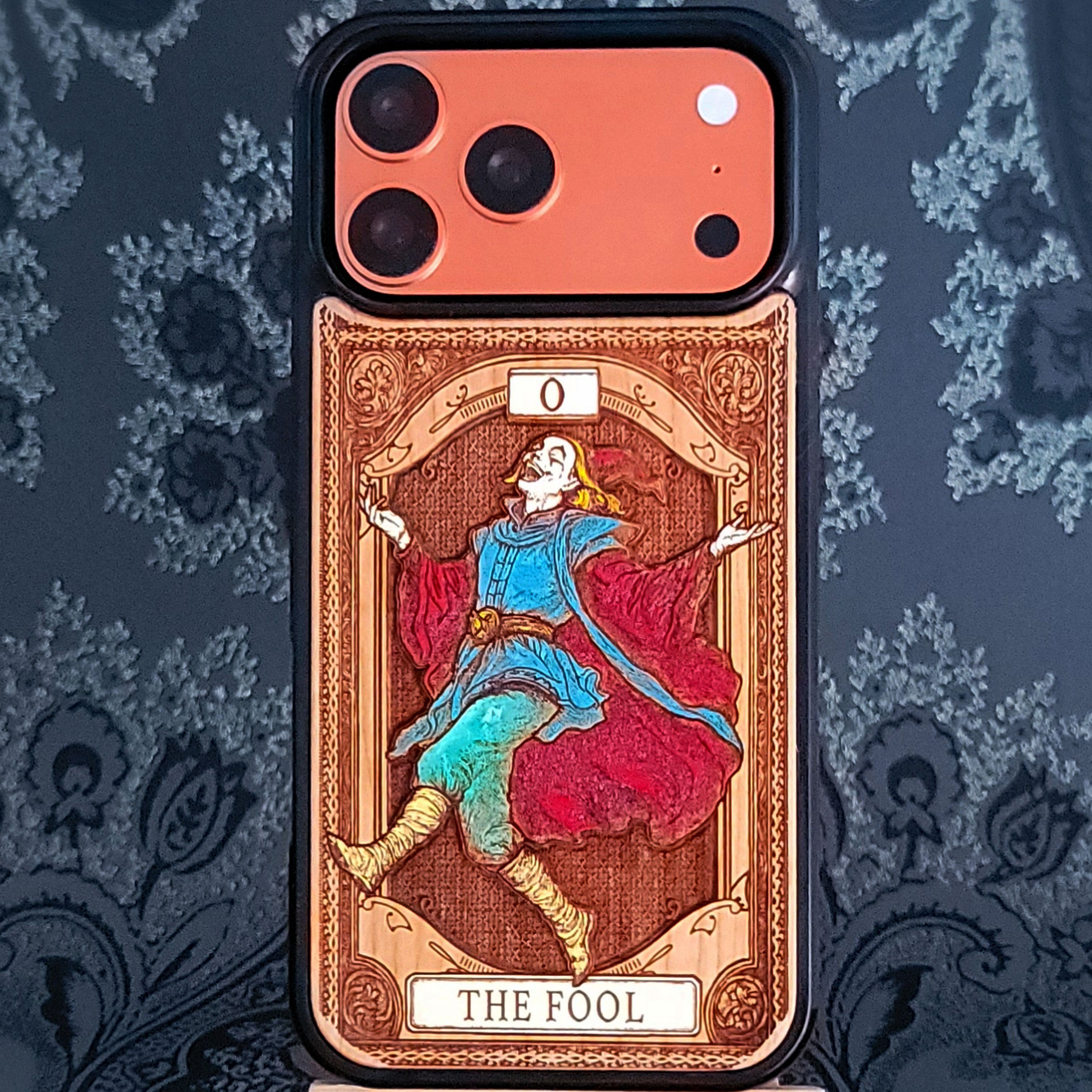 The Fool tarot card wood phone case – hand-painted & laser engraved for iPhone 17, Galaxy S26 – whimsical witchy design