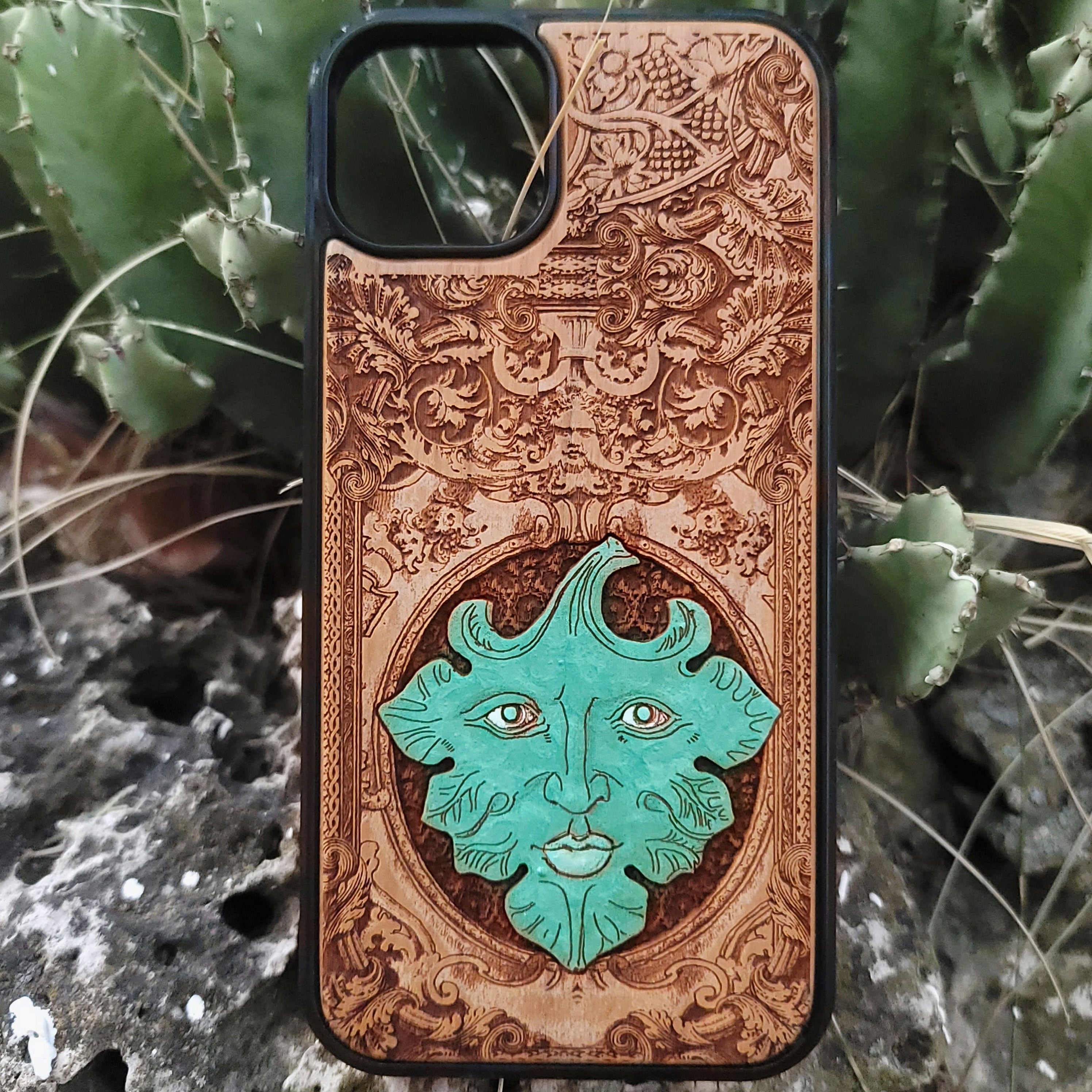 Hand-painted Green Man wood phone case with engraved pagan folklore design for iPhone 16, iPhone 15, iPhone 14, Galaxy S25, Galaxy S24
