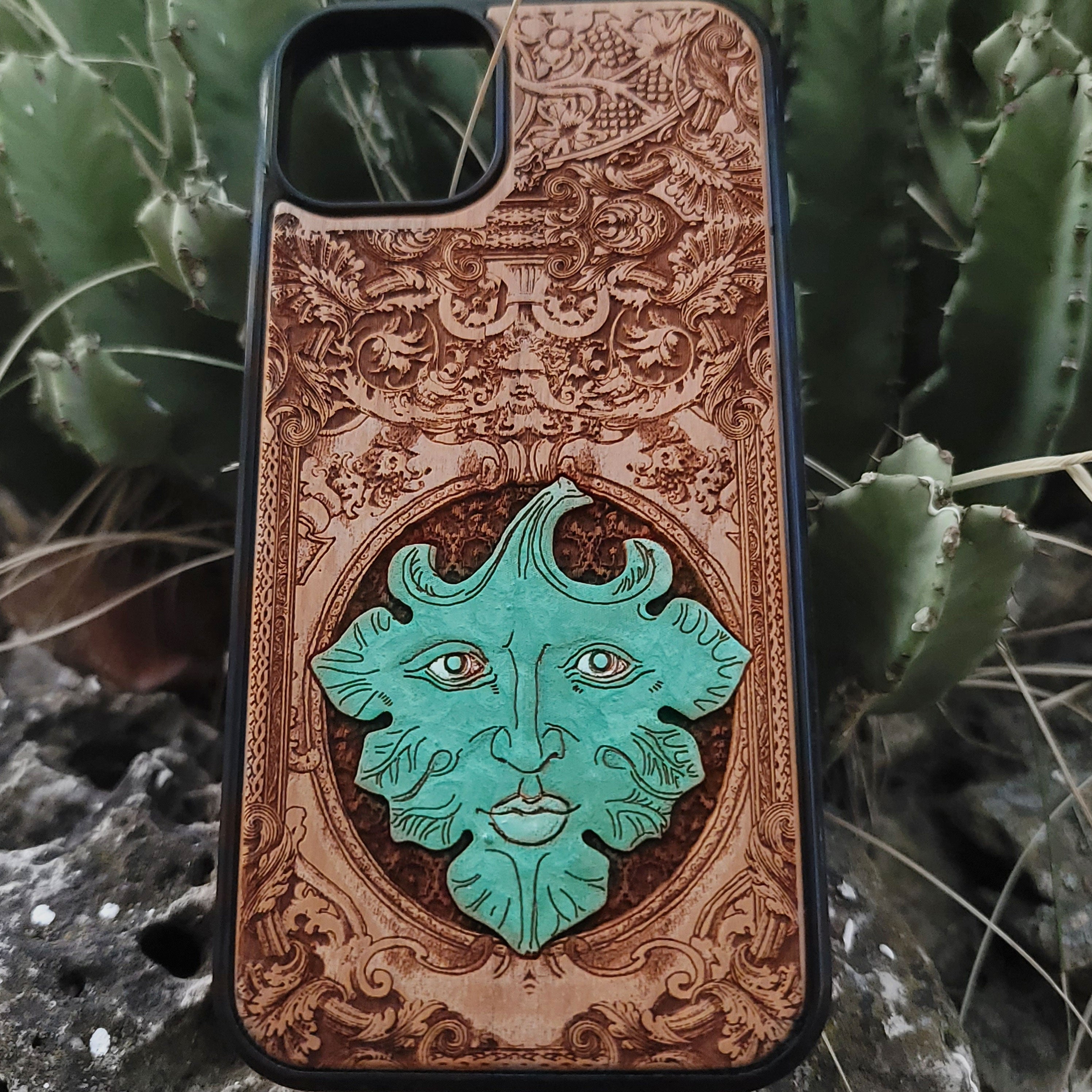 Hand-painted Green Man wood phone case with engraved pagan folklore design for iPhone 16, iPhone 15, iPhone 14, Galaxy S25, Galaxy S24