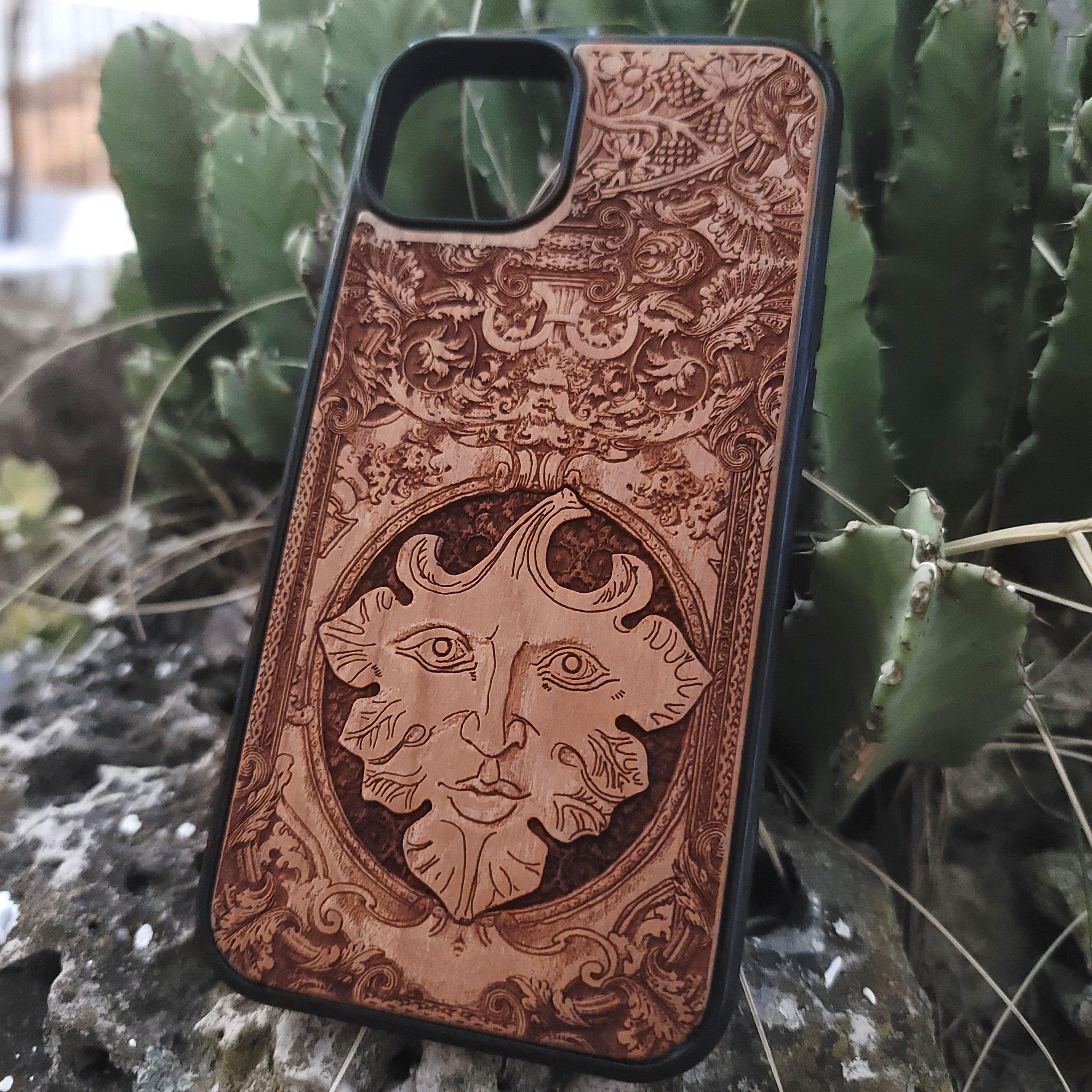 The Green Man wood phone case with engraved pagan folklore design for iPhone 16, iPhone 15, iPhone 14, Galaxy S25, Galaxy S24