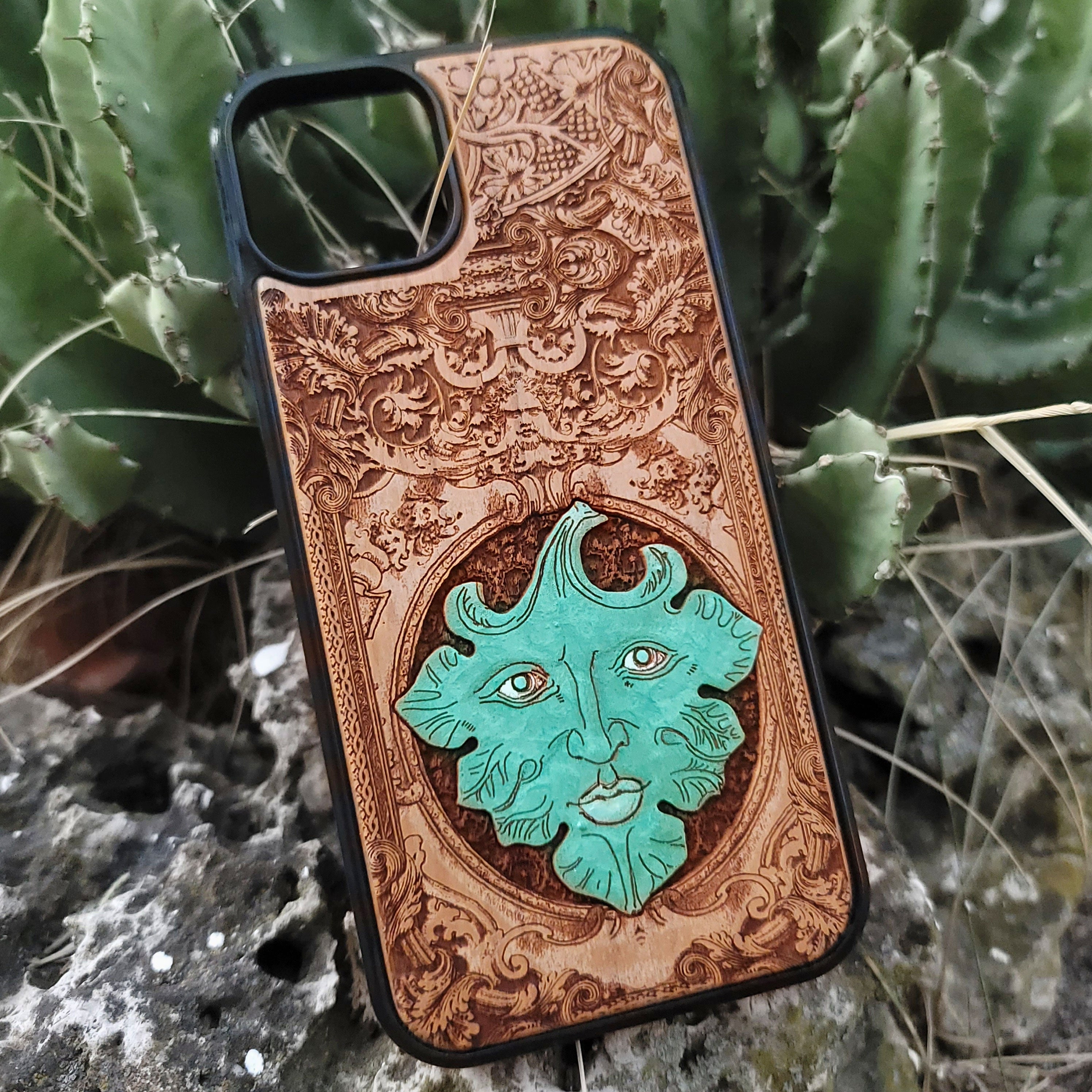 Hand-painted Green Man wood phone case with engraved pagan folklore design for iPhone 16, iPhone 15, iPhone 14, Galaxy S25, Galaxy S24