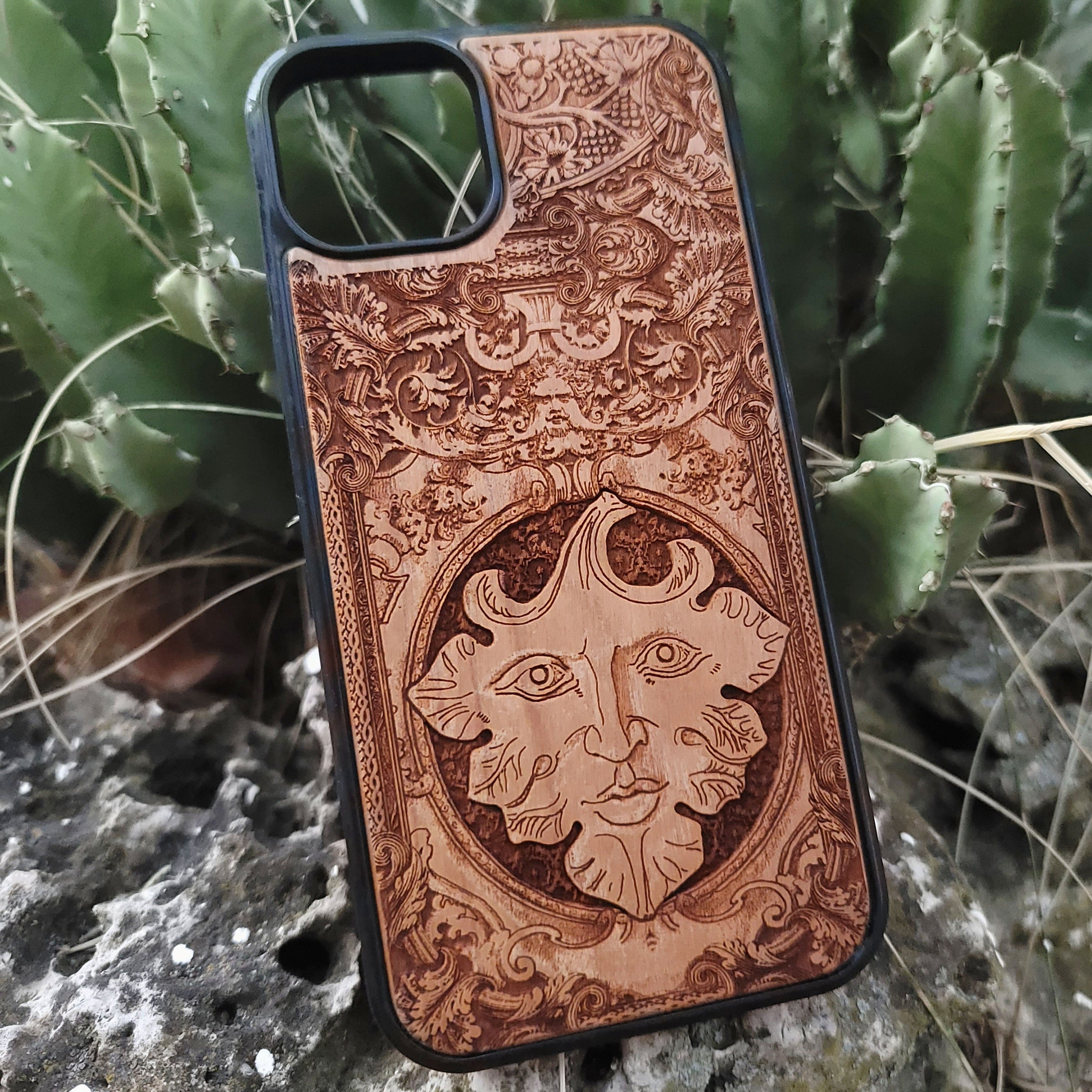 The Green Man wood phone case with engraved pagan folklore design for iPhone 16, iPhone 15, iPhone 14, Galaxy S25, Galaxy S24