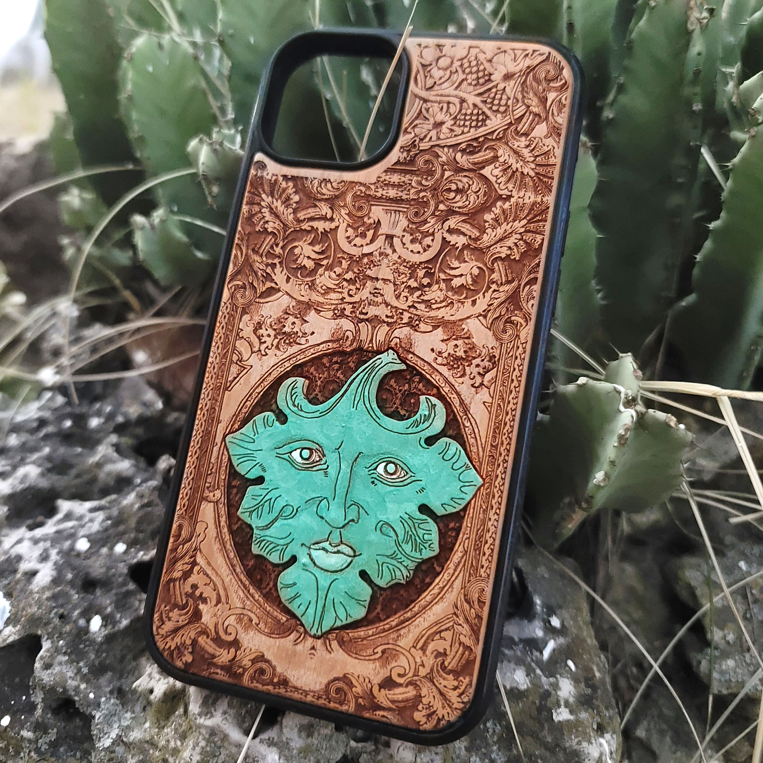 Hand-painted Green Man wood phone case with engraved pagan folklore design for iPhone 16, iPhone 15, iPhone 14, Galaxy S25, Galaxy S24