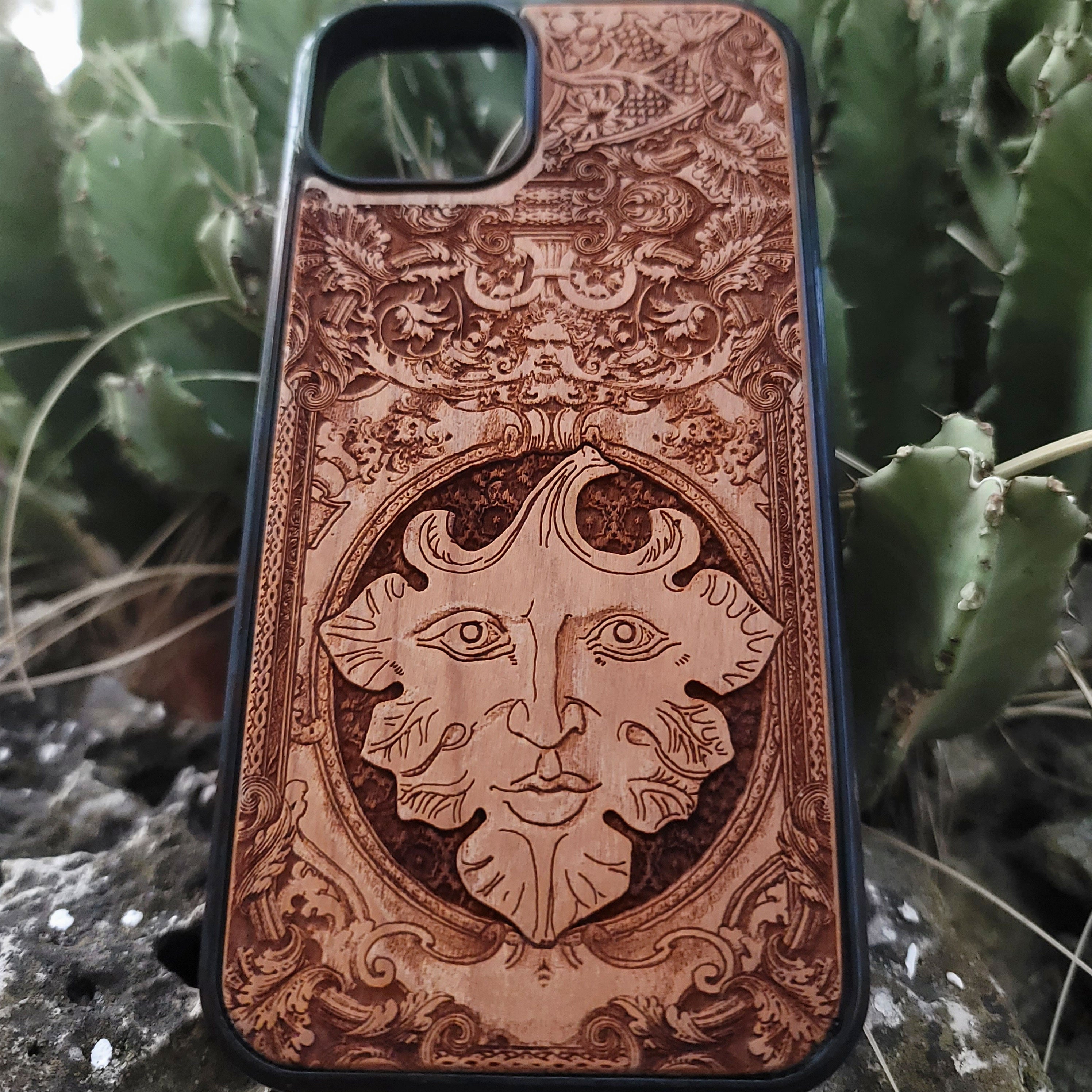 The Green Man wood phone case with engraved pagan folklore design for iPhone 16, iPhone 15, iPhone 14, Galaxy S25, Galaxy S24