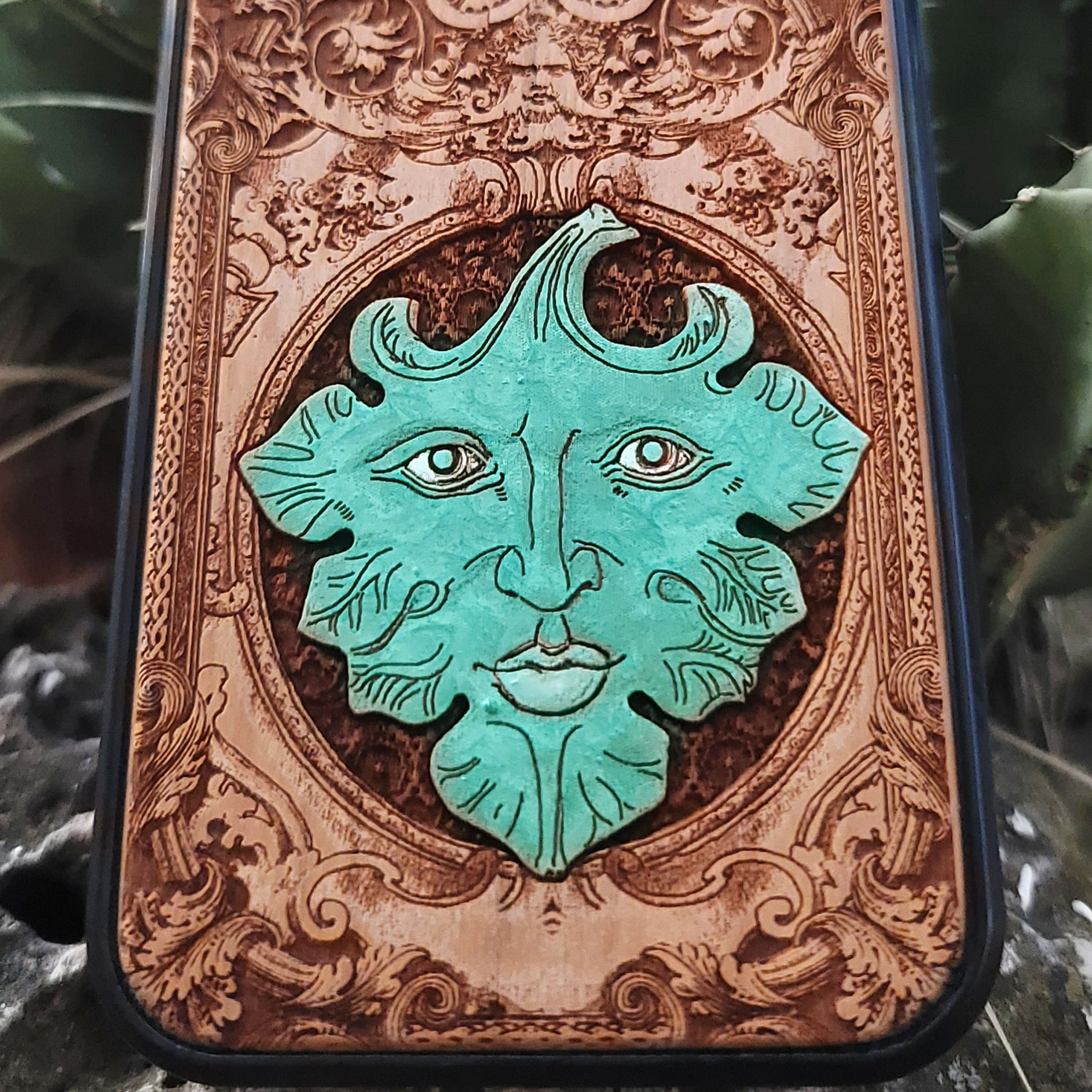 Hand-painted Green Man wood phone case with engraved pagan folklore design for iPhone 16, iPhone 15, iPhone 14, Galaxy S25, Galaxy S24