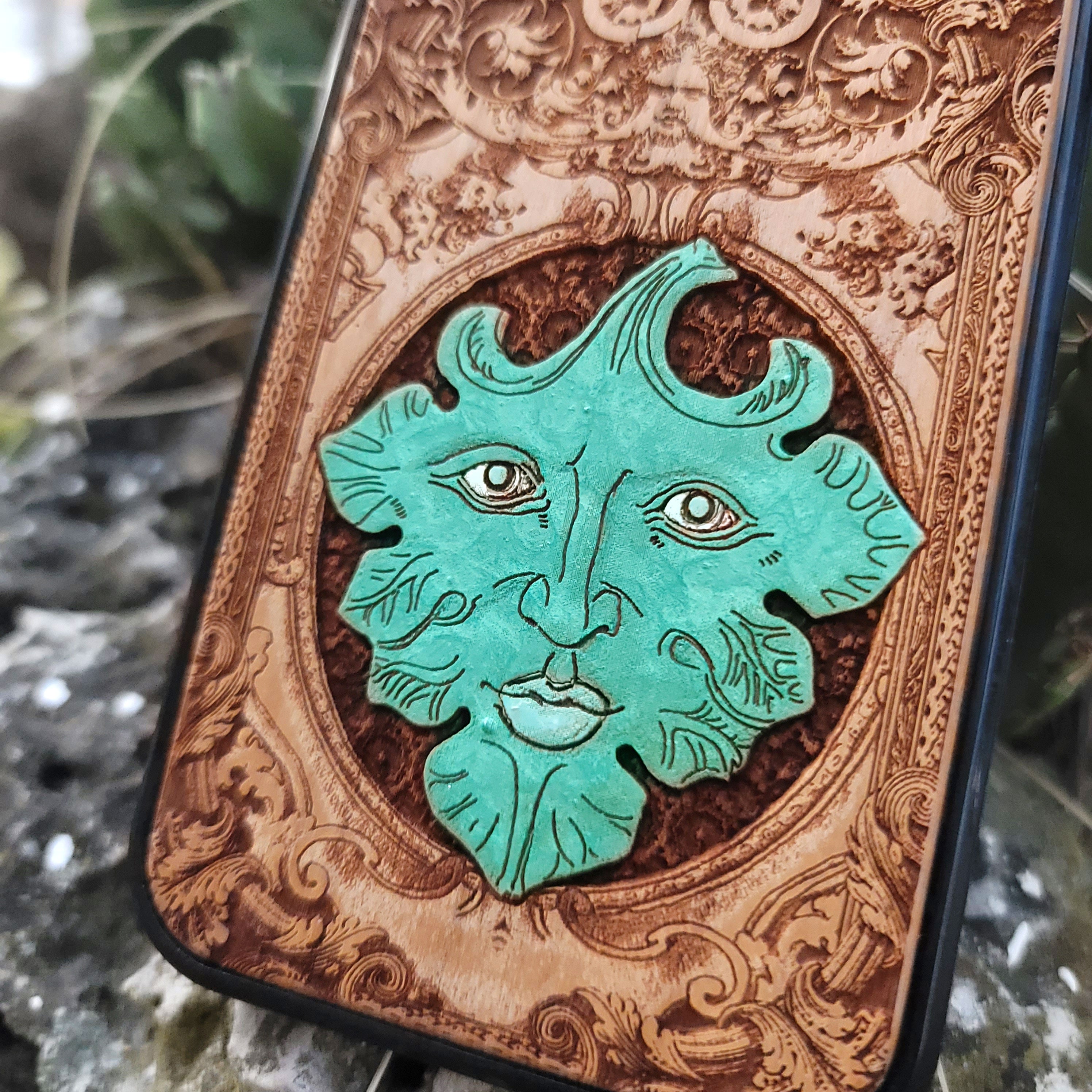 Hand-painted Green Man wood phone case with engraved pagan folklore design for iPhone 16, iPhone 15, iPhone 14, Galaxy S25, Galaxy S24