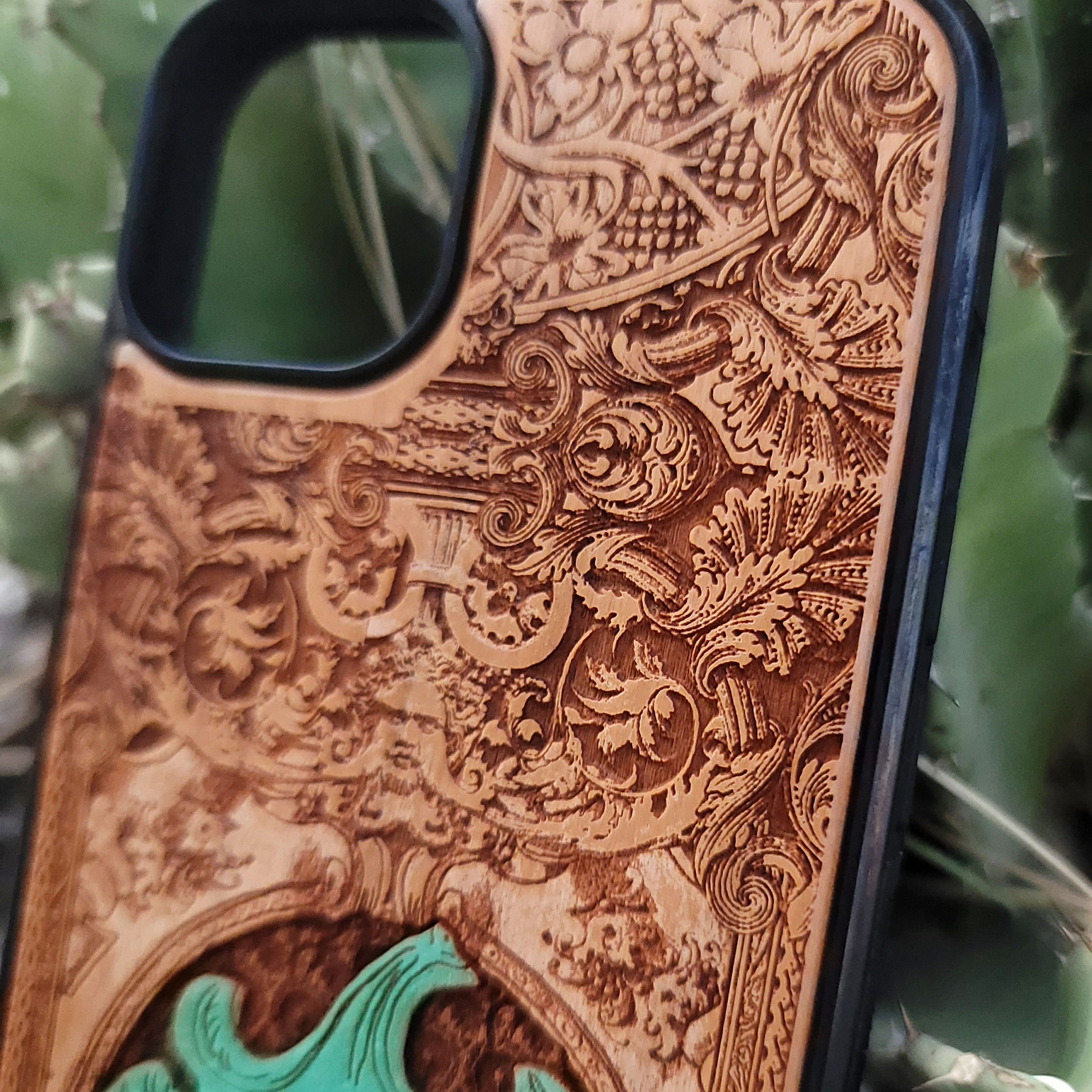 Hand-painted Green Man wood phone case with engraved pagan folklore design for iPhone 16, iPhone 15, iPhone 14, Galaxy S25, Galaxy S24
