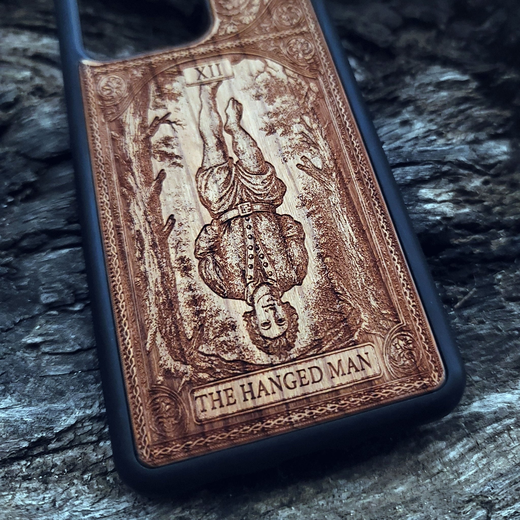 The Hanged Man Tarot Card wood phone case featuring mystical esoteric art for iPhone –11 and Galaxy S–S20