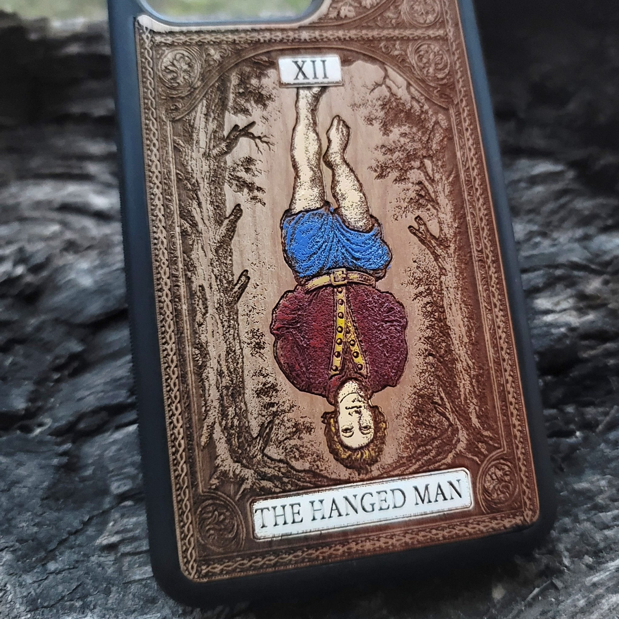The Hanged Man tarot card wood phone case – hand-painted & engraved for iPhone , Galaxy S – esoteric spiritual design