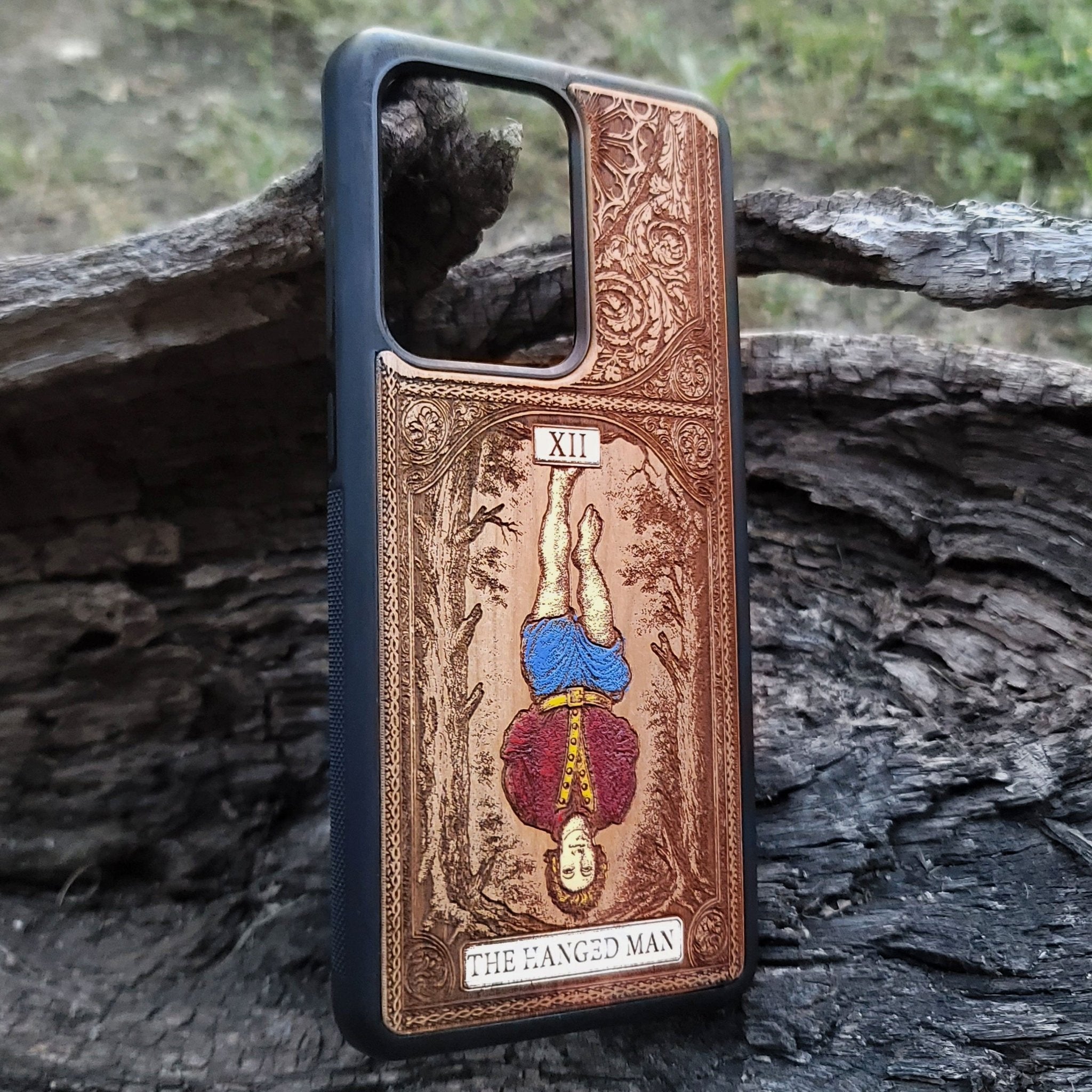 The Hanged Man tarot card wood phone case – hand-painted & engraved for iPhone , Galaxy S – esoteric spiritual design
