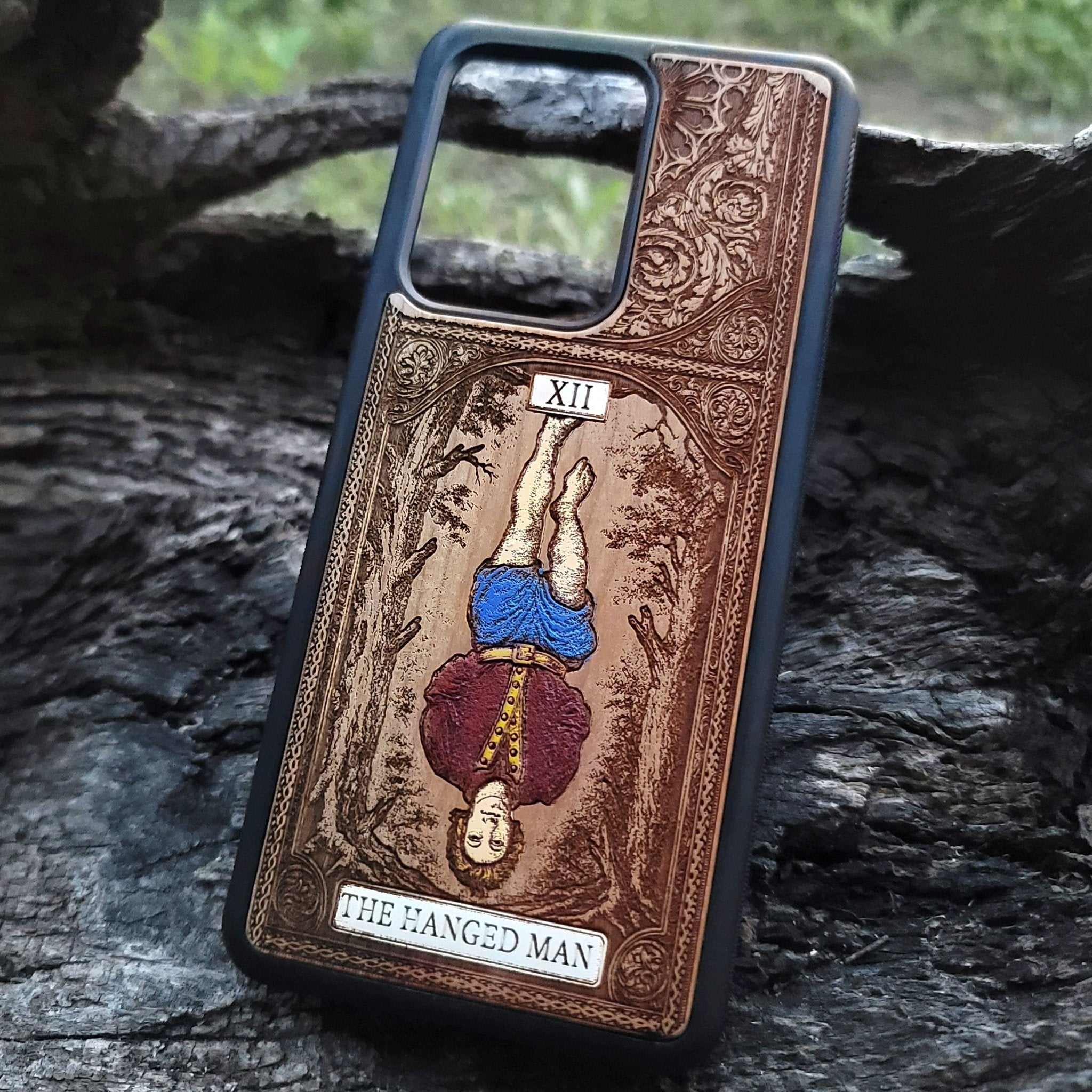 The Hanged Man tarot card wood phone case – hand-painted & engraved for iPhone , Galaxy S – esoteric spiritual design