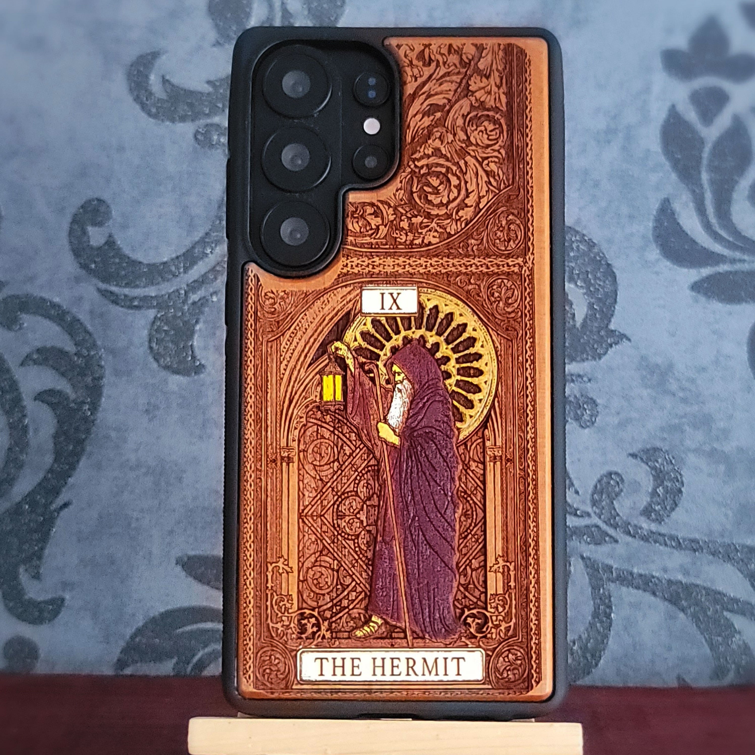 The Hermit tarot card hand painted engraved wood phone case with lantern design