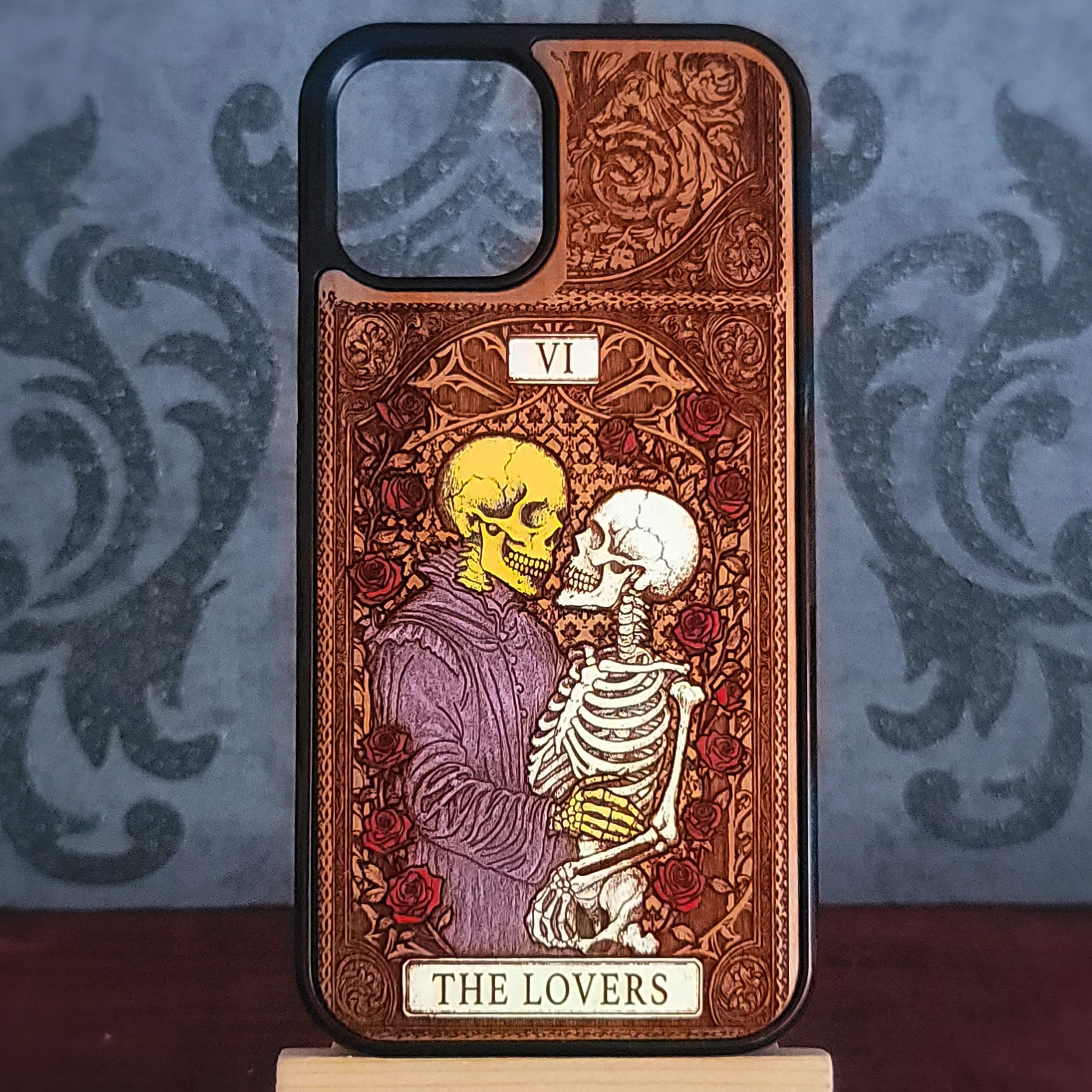 The Lovers tarot card wood phone case – laser engraved & hand-painted for iPhone and Galaxy – mystical romantic witchy design