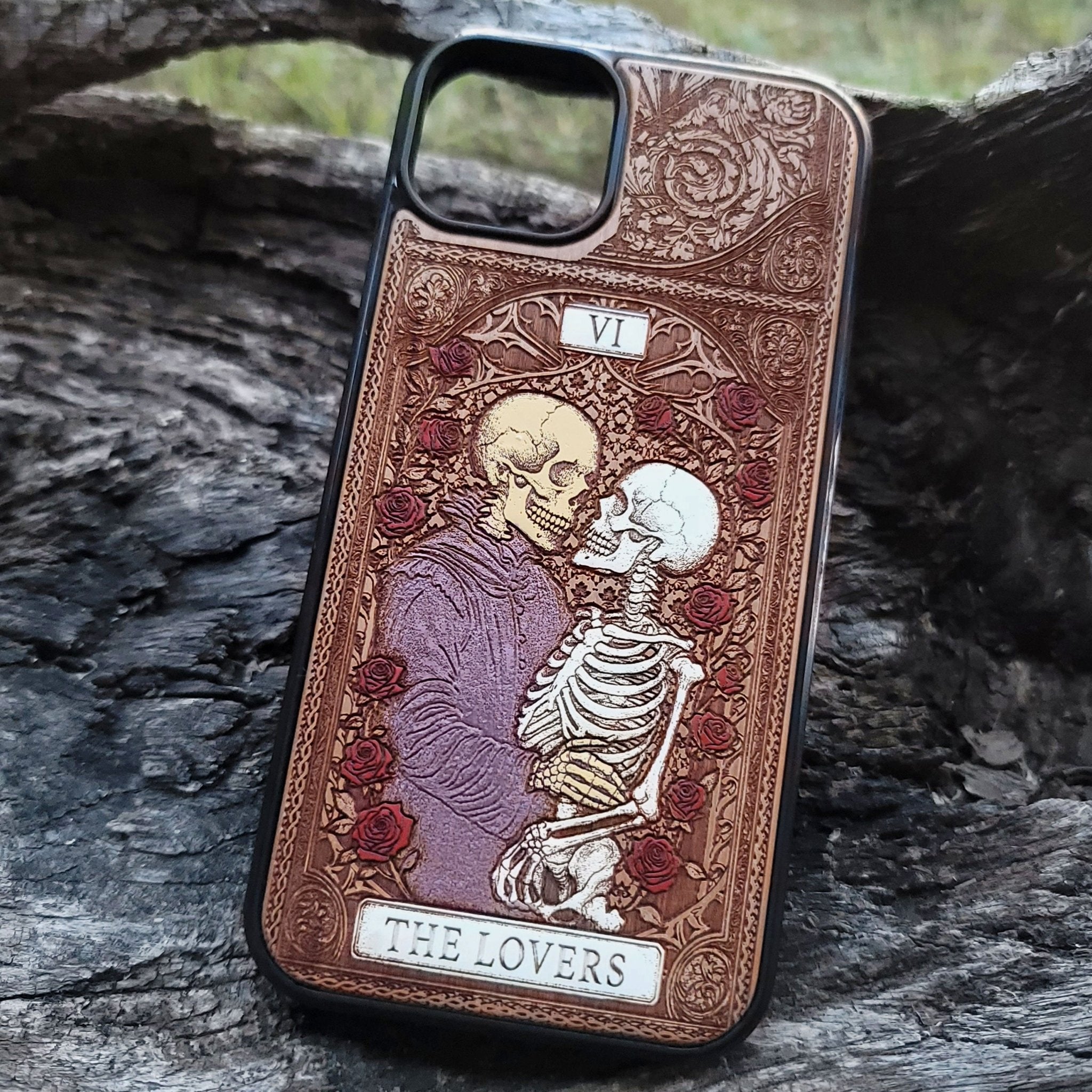 The Lovers tarot wood phone case – engraved & hand-painted for iPhone , Galaxy S – romantic mystical witchy design