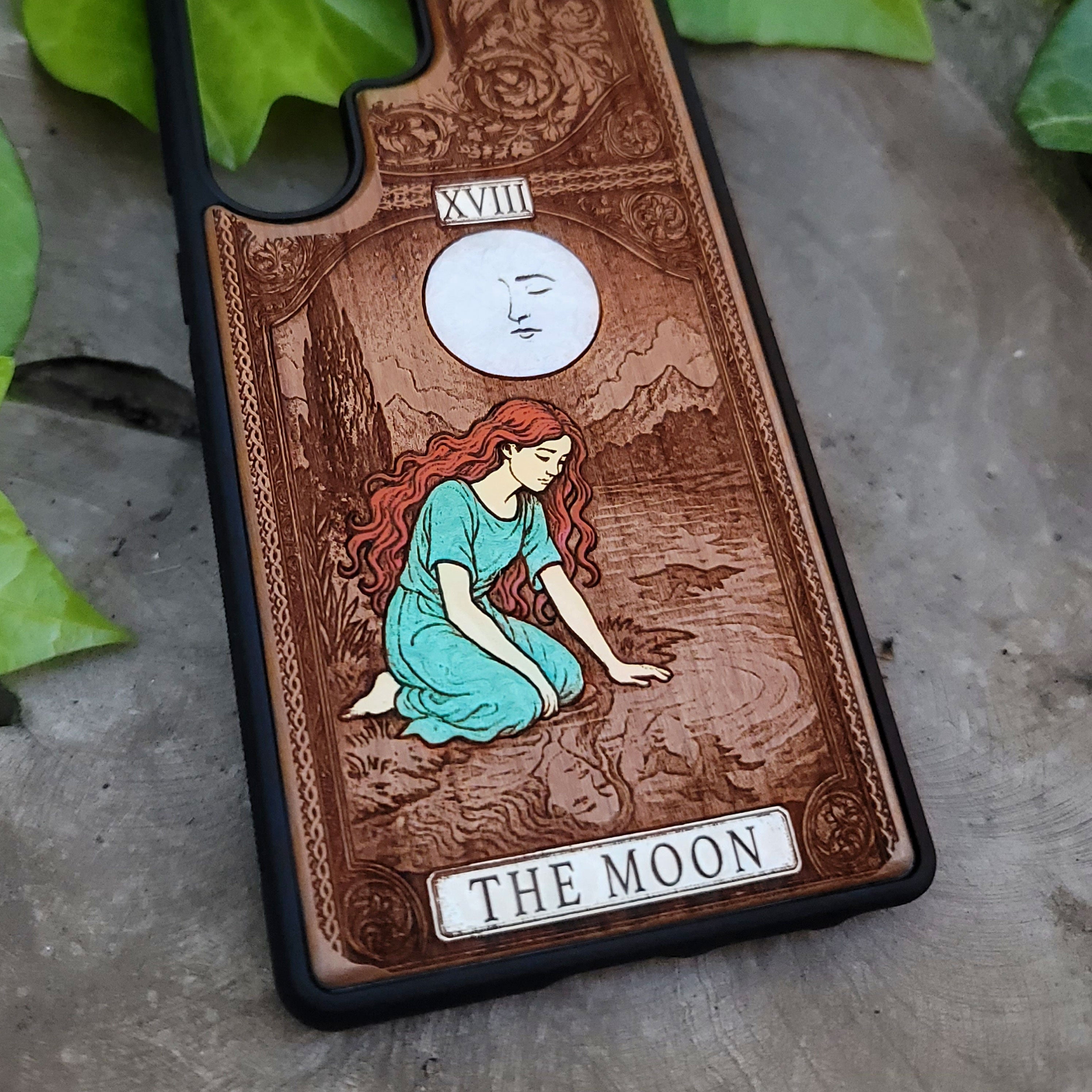 The Moon II Tarot Card Wood Phone Case Painted – gothic art, engraved wood, dark fantasy, skeleton design, artisan crafted
