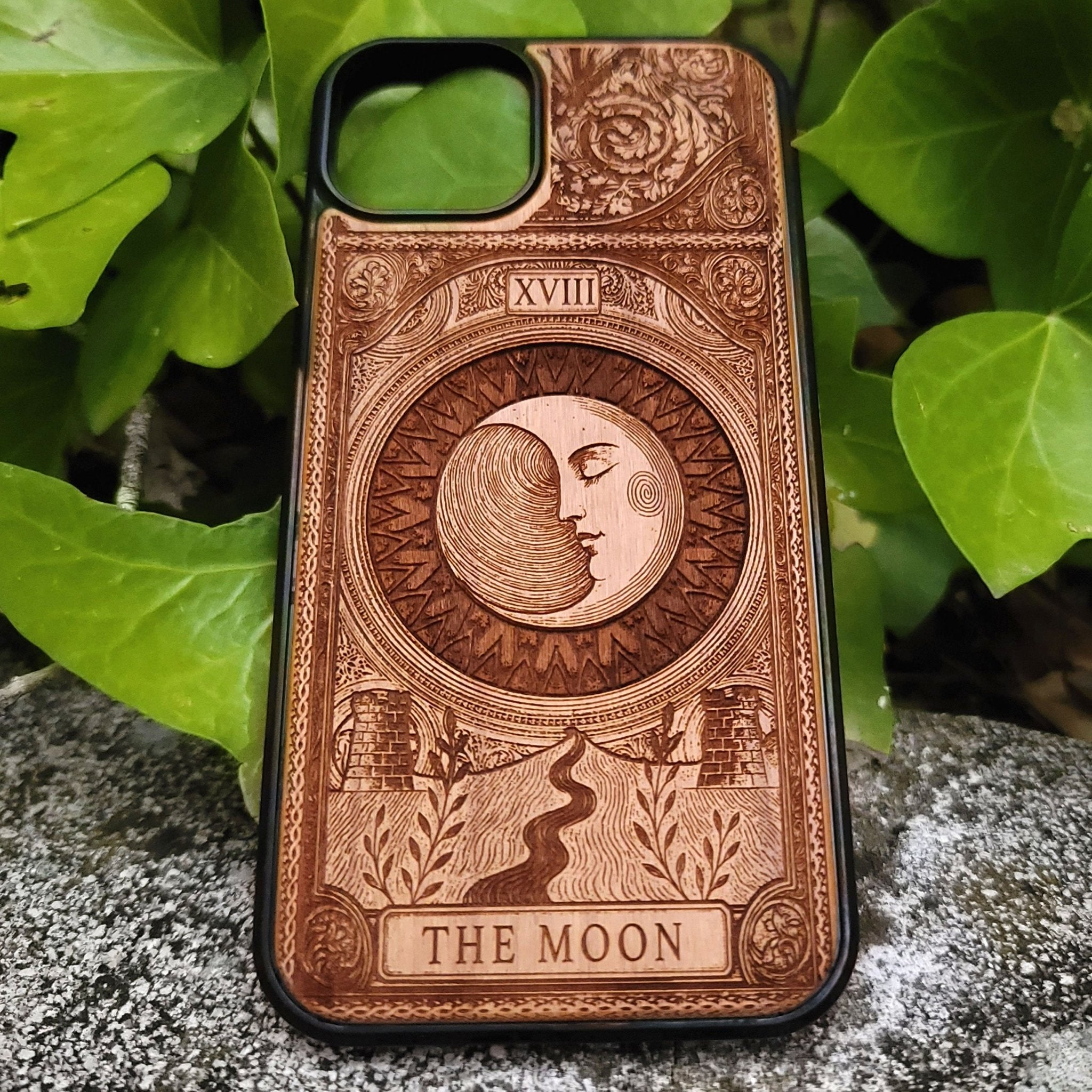 Handmade wooden phone case featuring The Moon tarot card design, laser engraved. Fits iPhone , 15, 14, 13, 12 Pro Max and Samsung Galaxy S, S24, S23, S22 Ultra and Plus models.