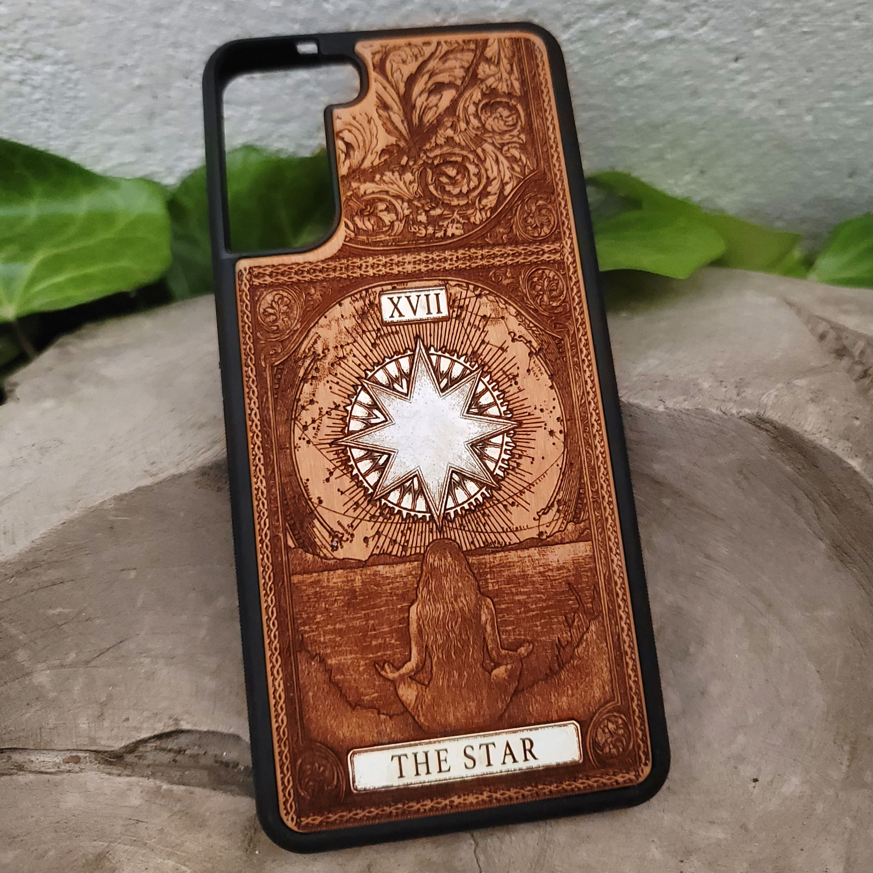 Handcrafted wooden phone case featuring The Star tarot card design — double laser-engraved for deep detail and mystical symbolism, compatible with iPhone and Galaxy models, perfect witchy celestial gift for tarot lovers and spiritual seekers.