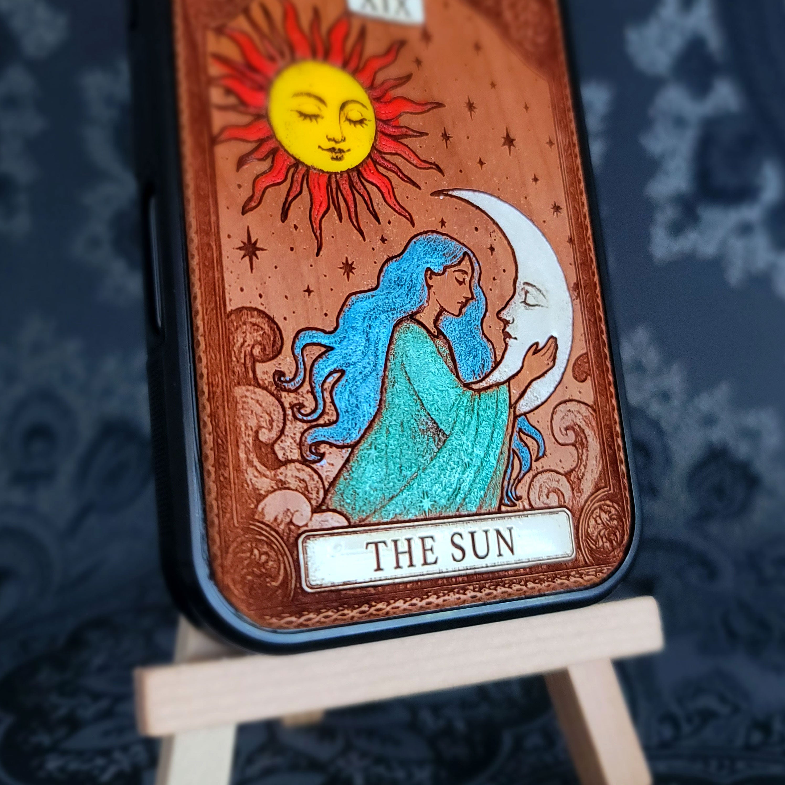 Die Sonne Tarot Karte Holz Handytasche bemalt