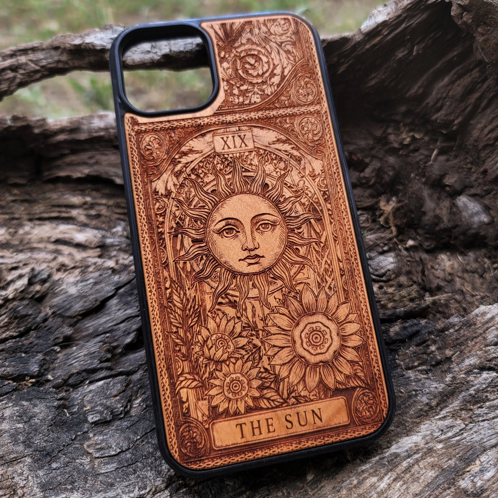 Engraved Sun tarot wood phone case for iPhone  & Galaxy S – radiant mystical design