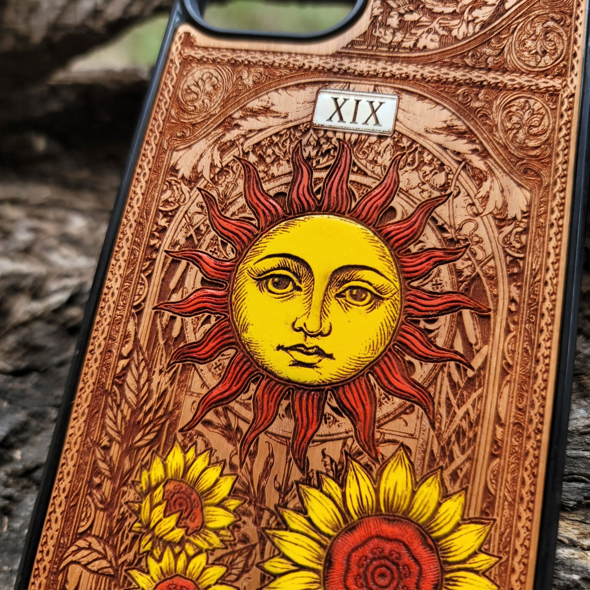 The Sun tarot wood phone case – hand-painted & engraved for iPhone , Galaxy S – joyful mystical design
