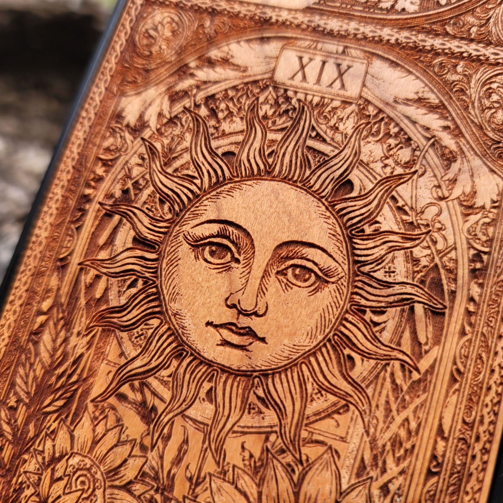 Engraved Sun tarot wood phone case for iPhone  & Galaxy S – radiant mystical design