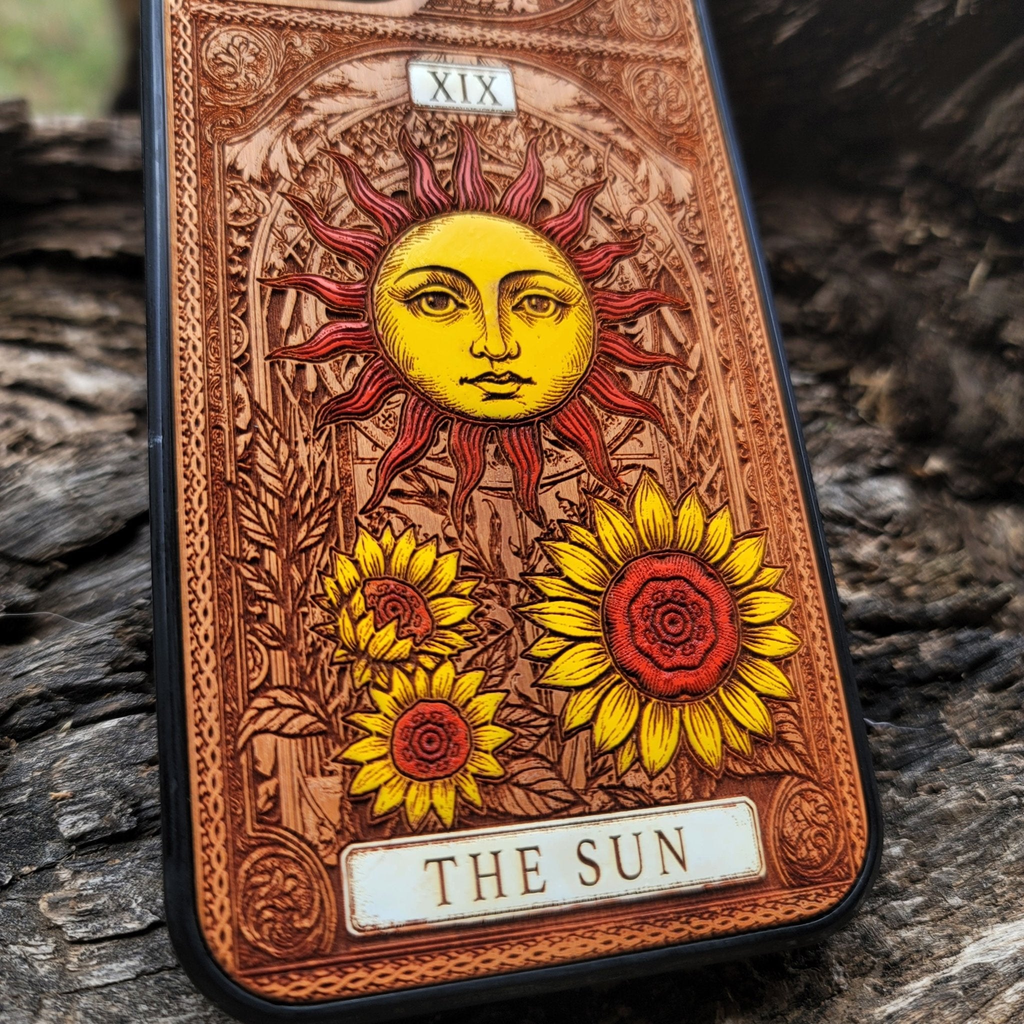 The Sun tarot wood phone case – hand-painted & engraved for iPhone , Galaxy S – joyful mystical design