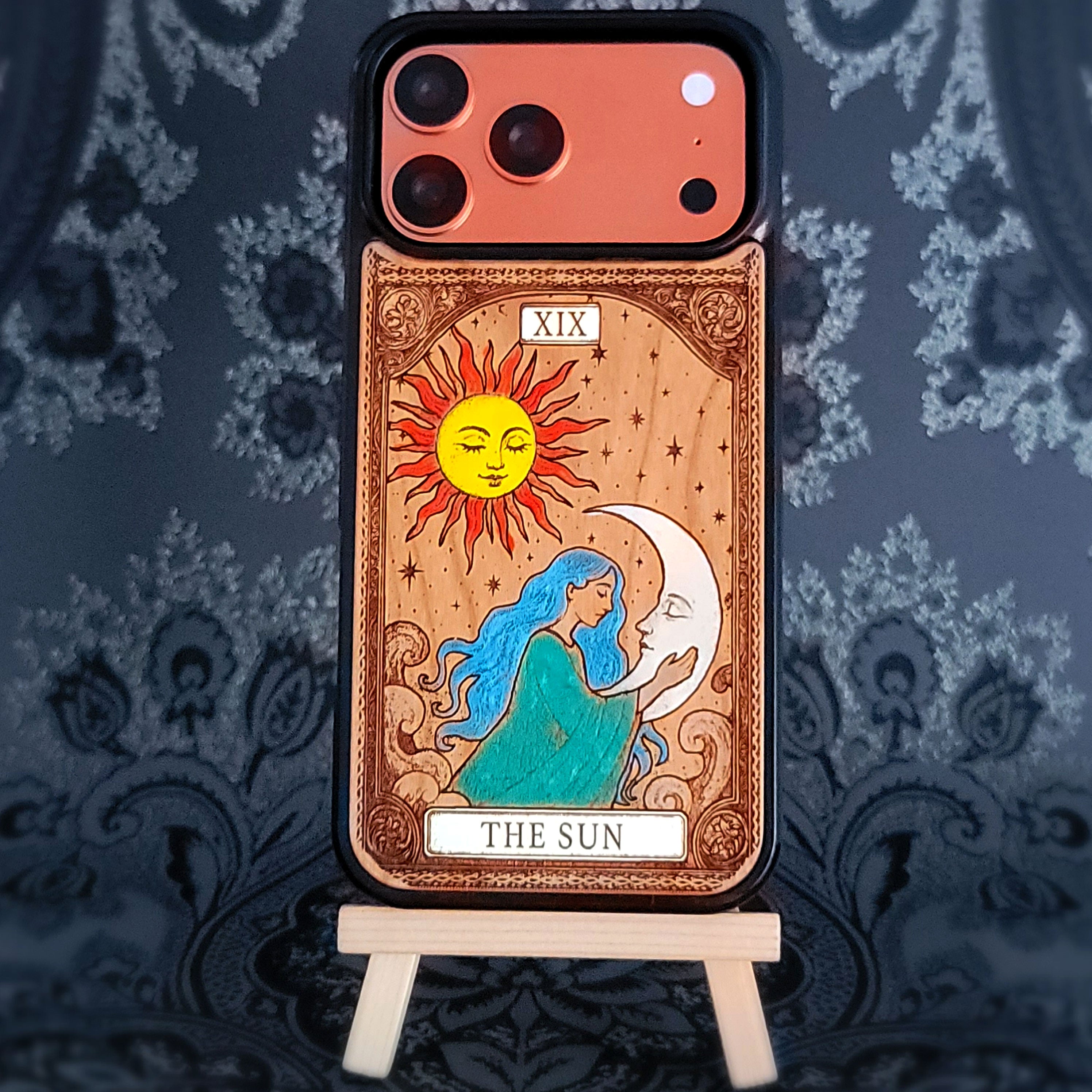 Die Sonne Tarot Karte Holz Handytasche bemalt