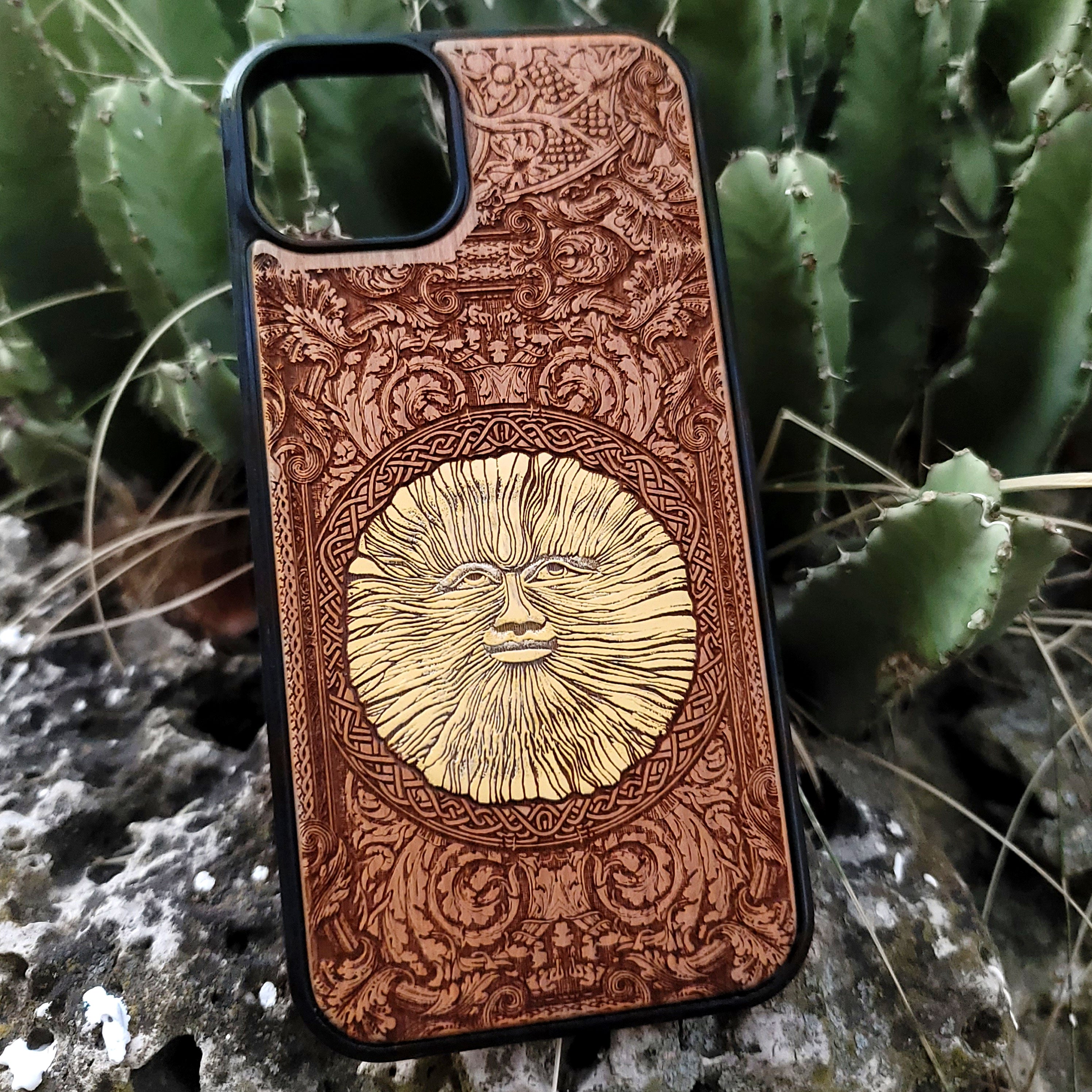 Engraved wood phone case with Wicker Man pagan sun symbol design for iPhone 16–11 and Samsung Galaxy S25–S20