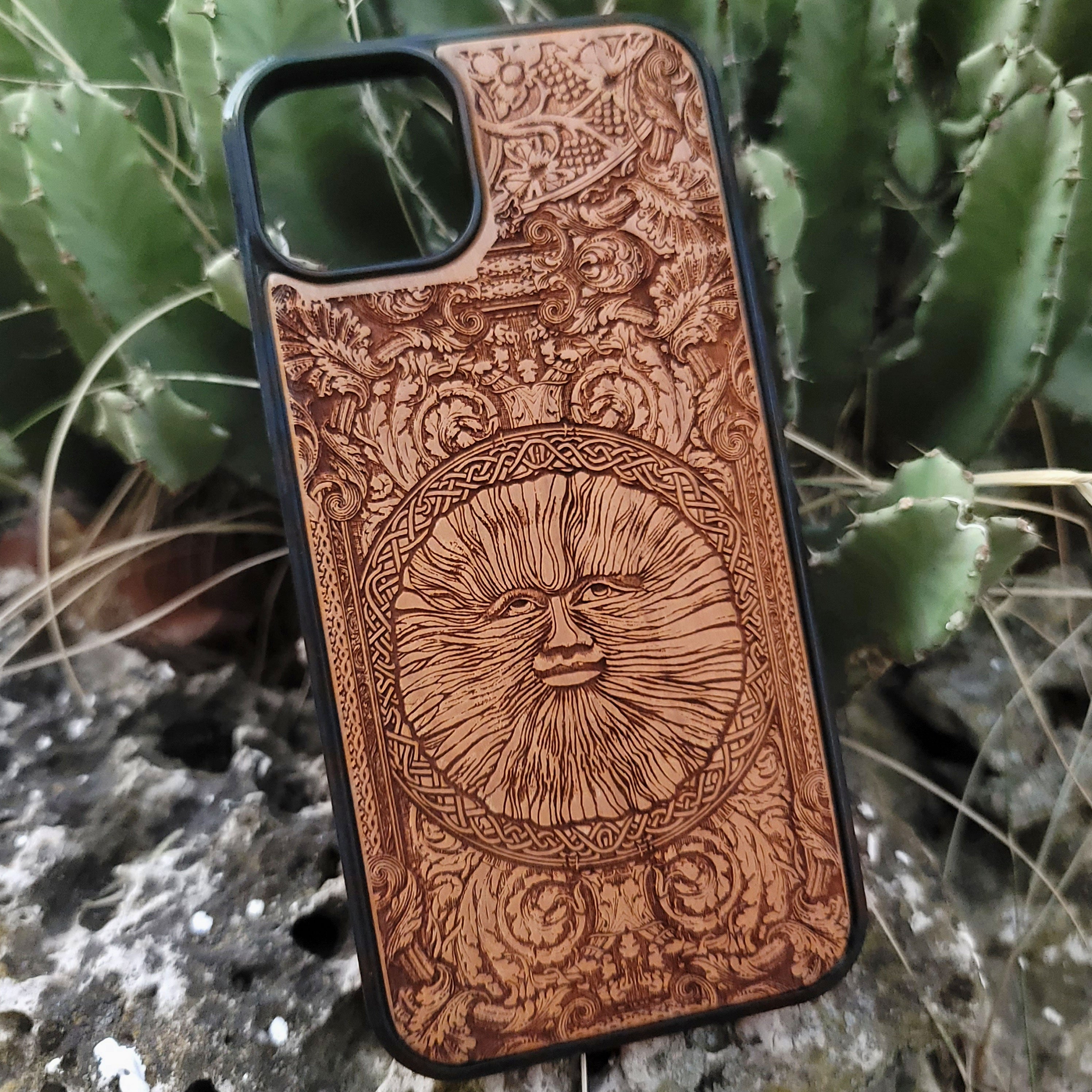 Engraved wood phone case with Wicker Man pagan sun symbol design for iPhone 16–11 and Samsung Galaxy S25–S20