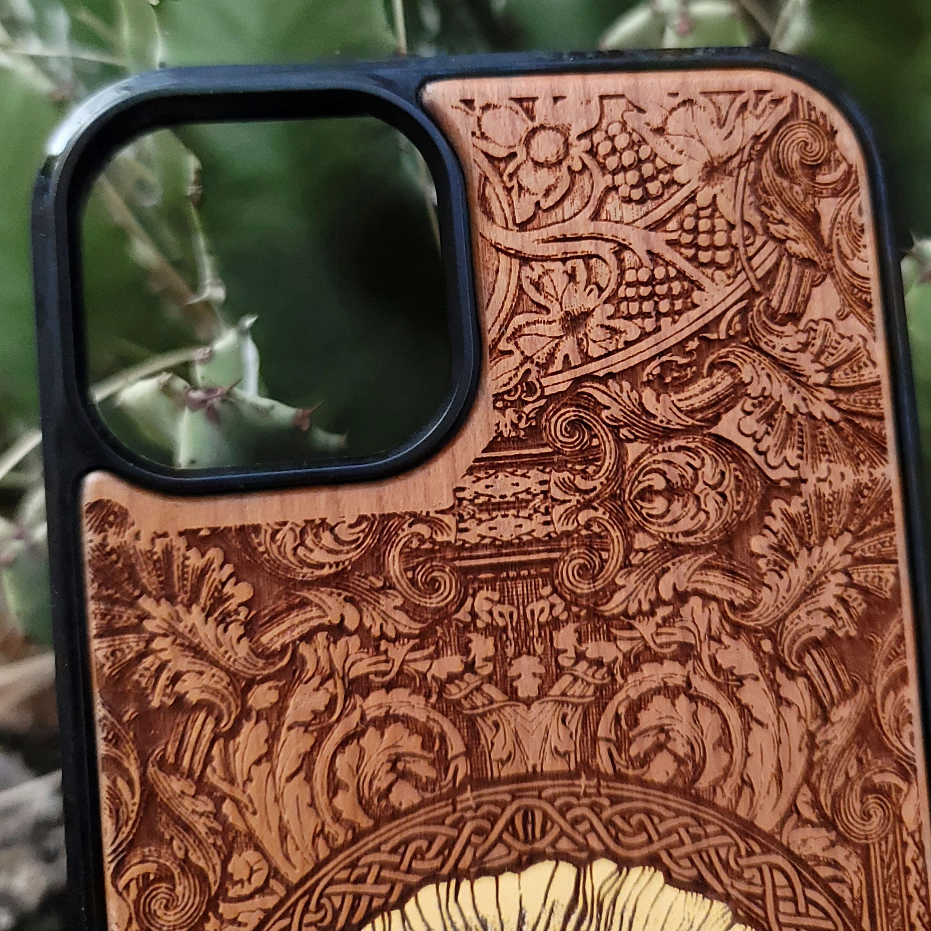 Engraved wood phone case with Wicker Man pagan sun symbol design for iPhone 16–11 and Samsung Galaxy S25–S20