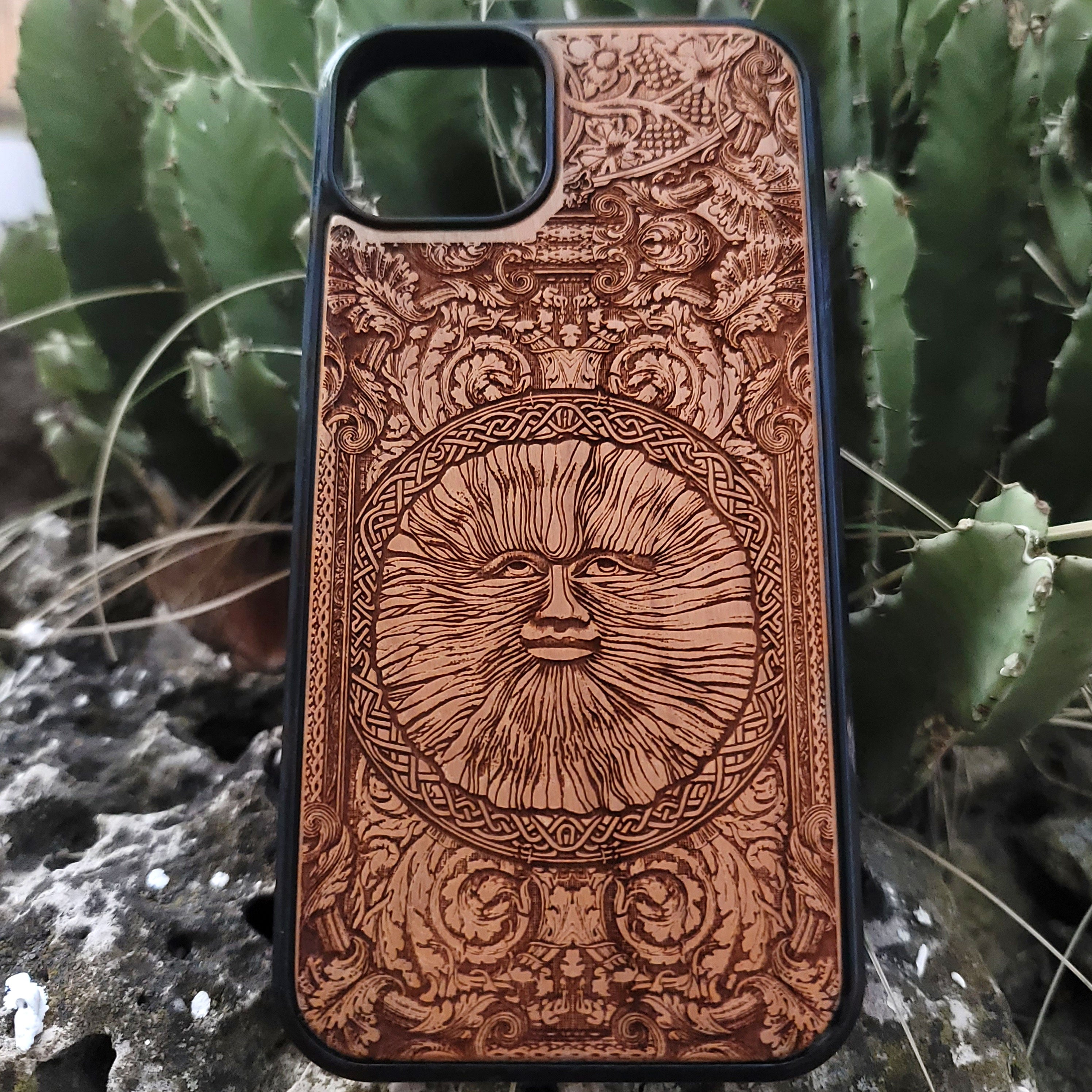 Engraved wood phone case with Wicker Man pagan sun symbol design for iPhone 16–11 and Samsung Galaxy S25–S20