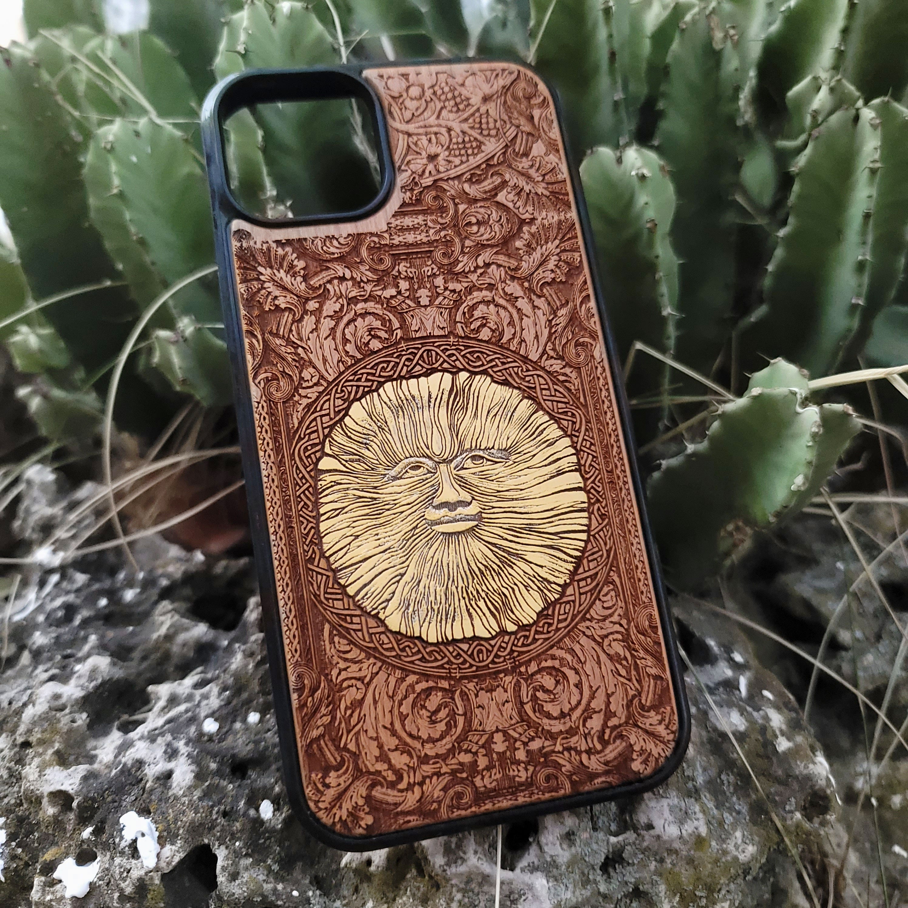Engraved wood phone case with Wicker Man pagan sun symbol design for iPhone 16–11 and Samsung Galaxy S25–S20