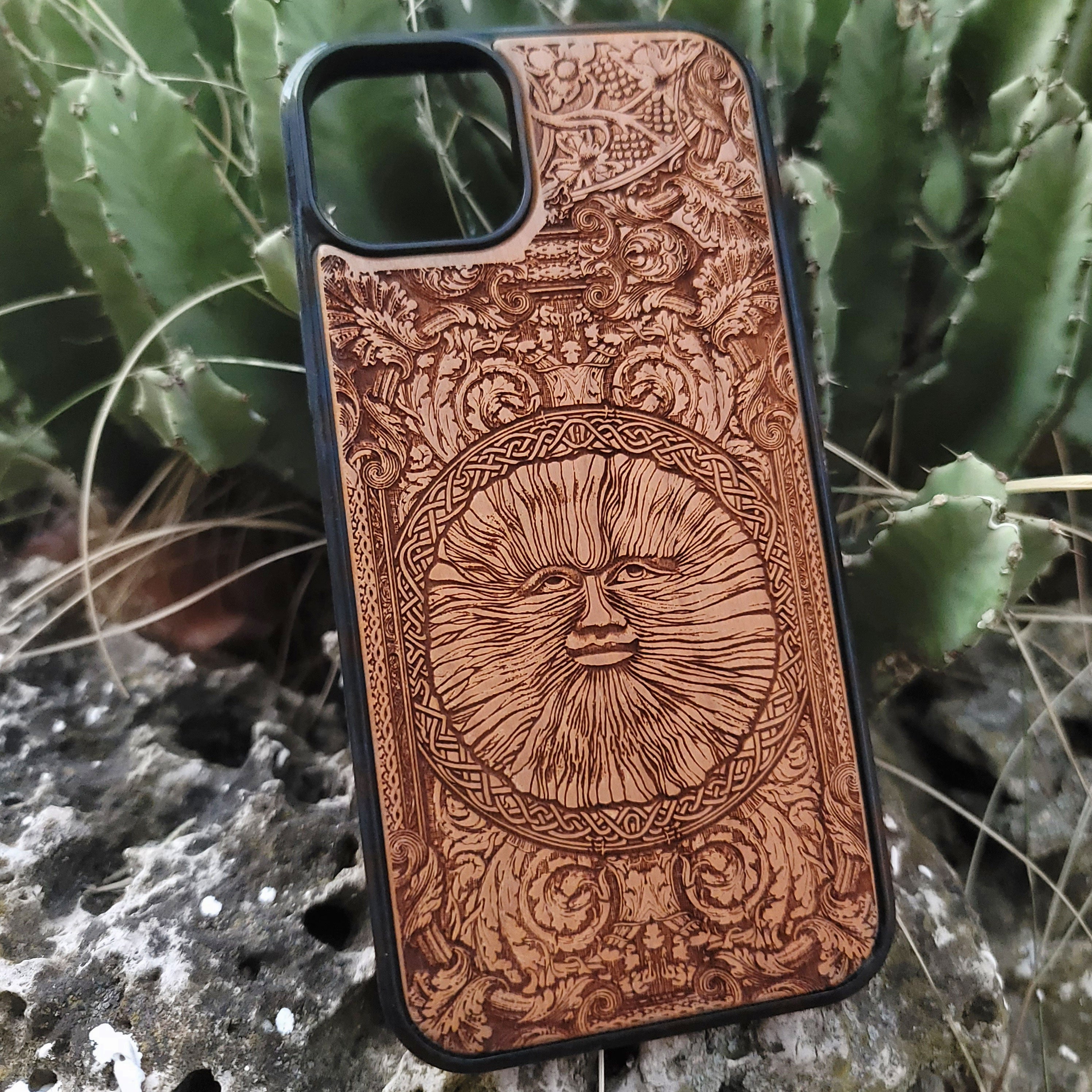 Engraved wood phone case with Wicker Man pagan sun symbol design for iPhone 16–11 and Samsung Galaxy S25–S20
