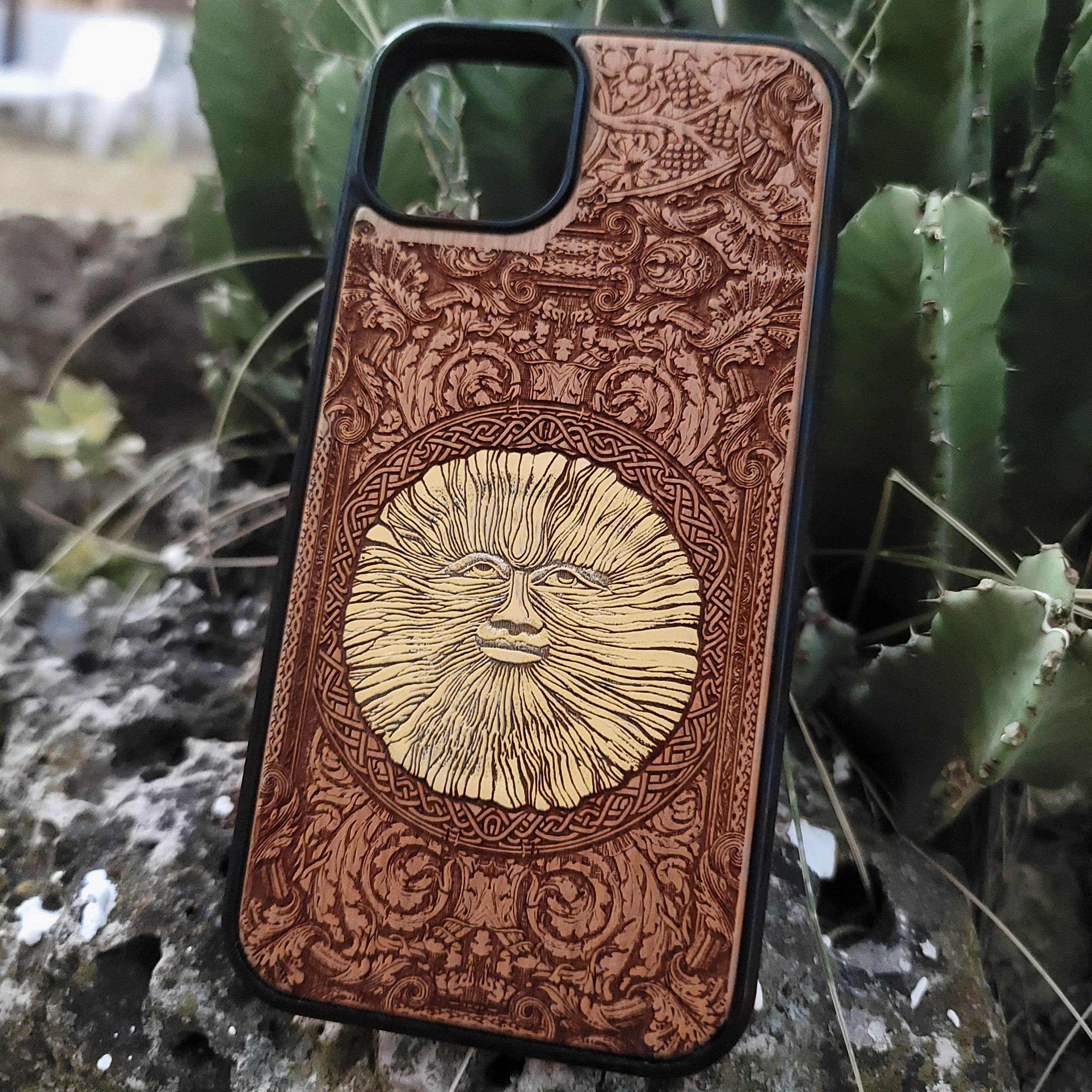 Engraved wood phone case with Wicker Man pagan sun symbol design for iPhone 16–11 and Samsung Galaxy S25–S20