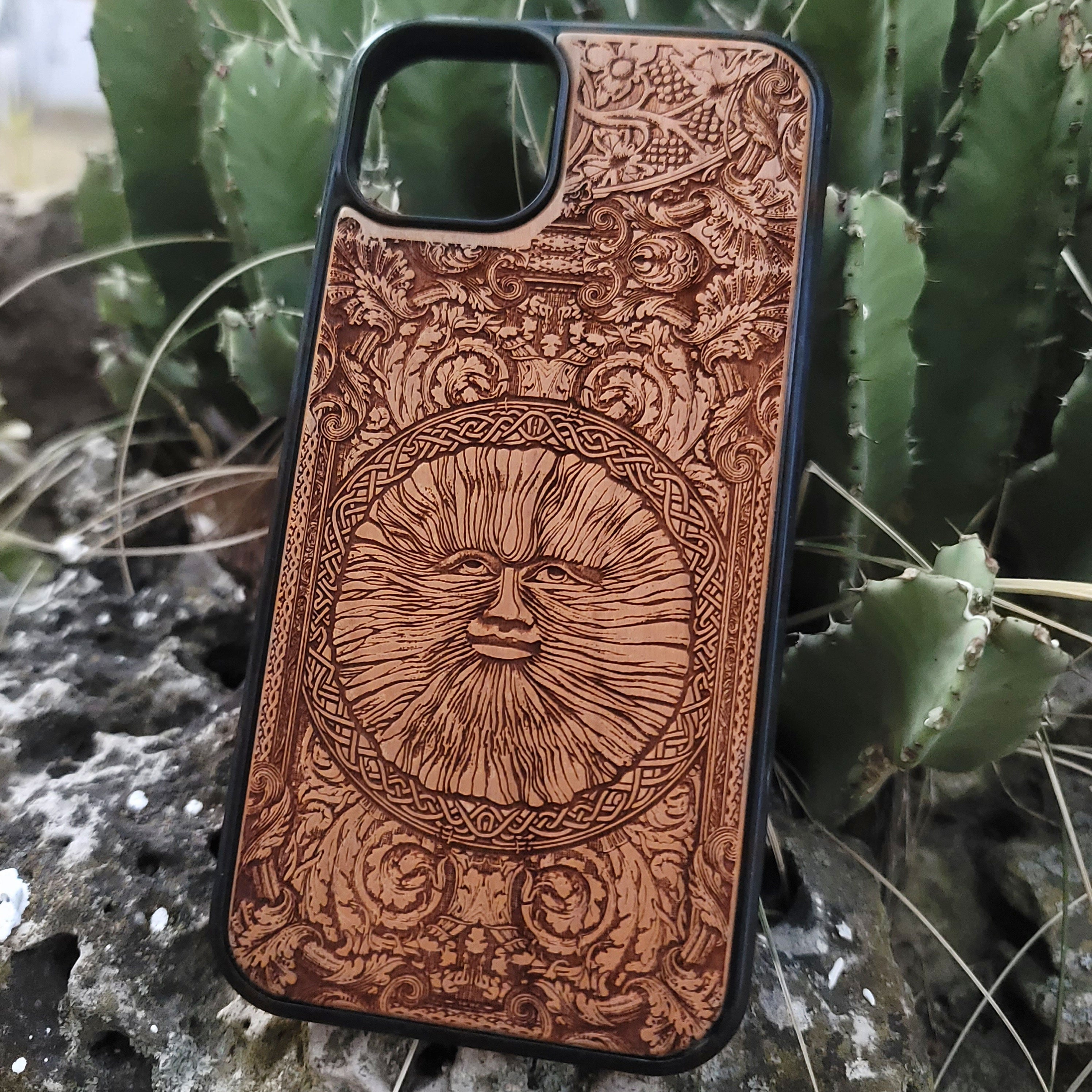 Engraved wood phone case with Wicker Man pagan sun symbol design for iPhone 16–11 and Samsung Galaxy S25–S20