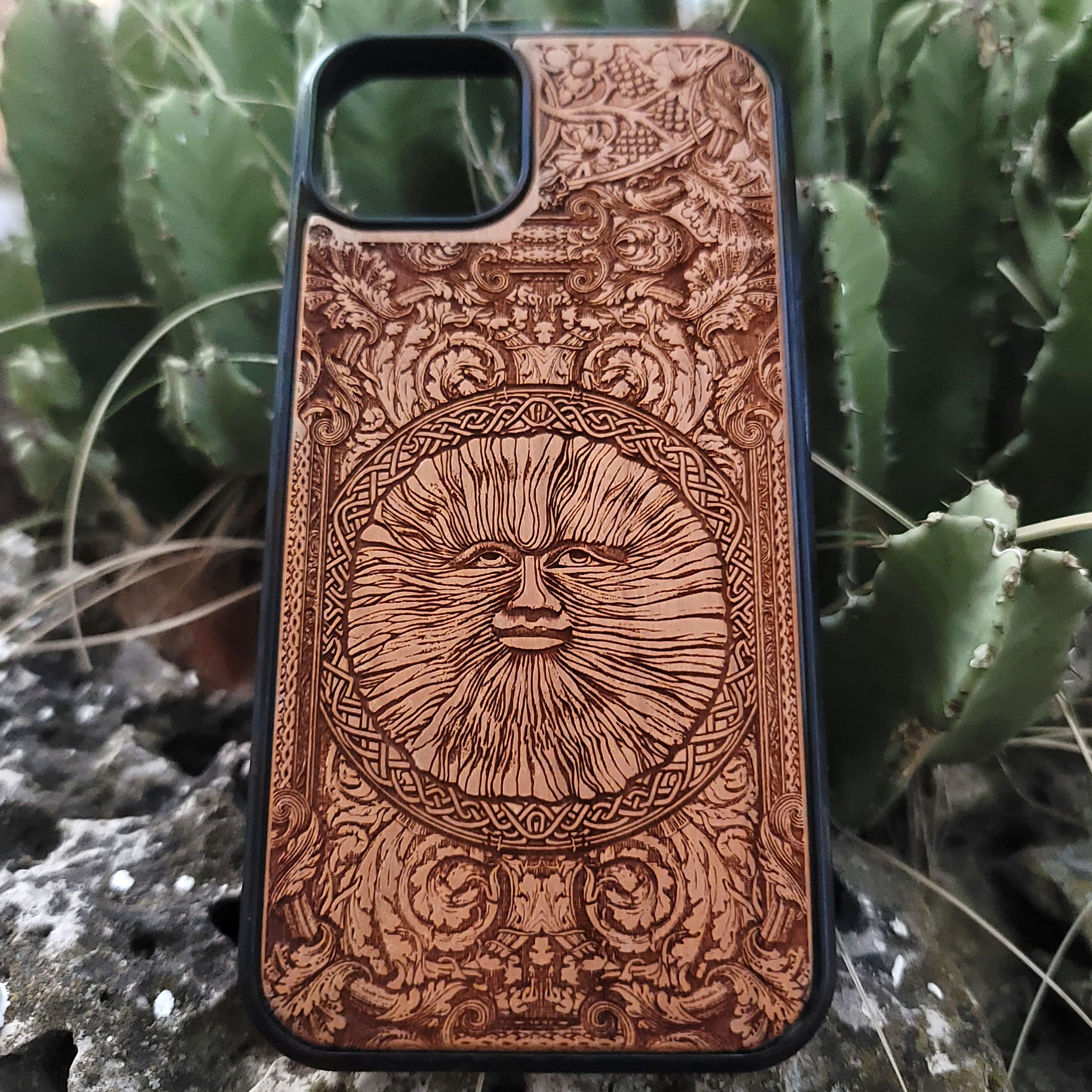 Engraved wood phone case with Wicker Man pagan sun symbol design for iPhone 16–11 and Samsung Galaxy S25–S20