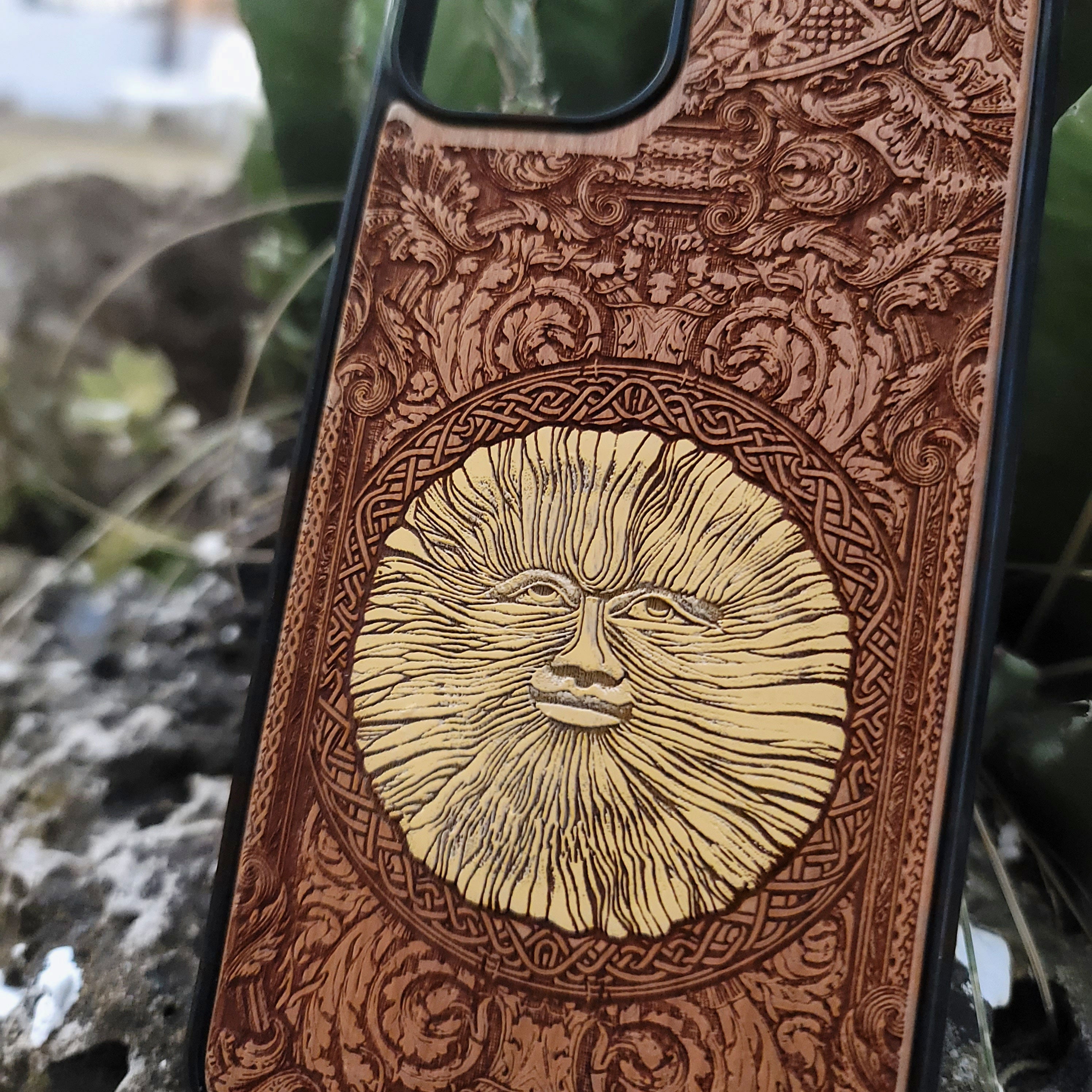 Engraved wood phone case with Wicker Man pagan sun symbol design for iPhone 16–11 and Samsung Galaxy S25–S20