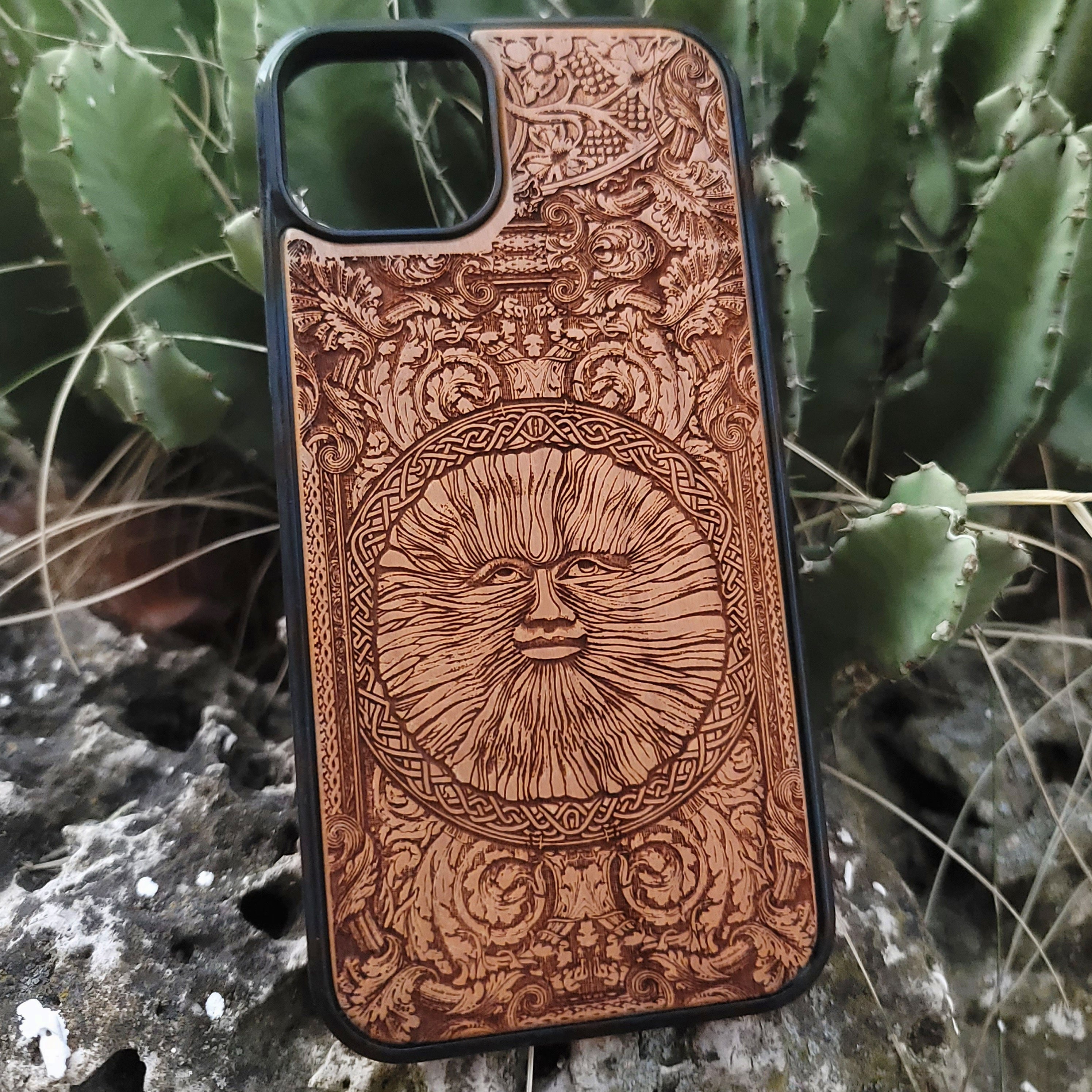 Engraved wood phone case with Wicker Man pagan sun symbol design for iPhone 16–11 and Samsung Galaxy S25–S20