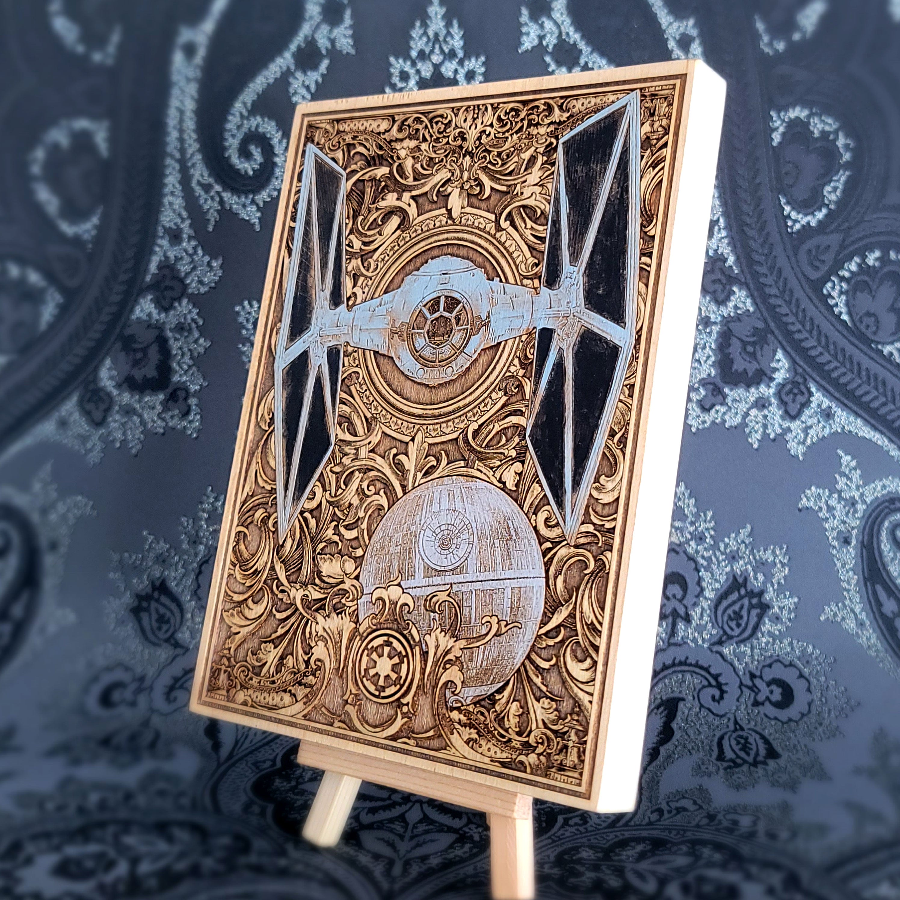 tie fighter ship wood wall art laser engraved