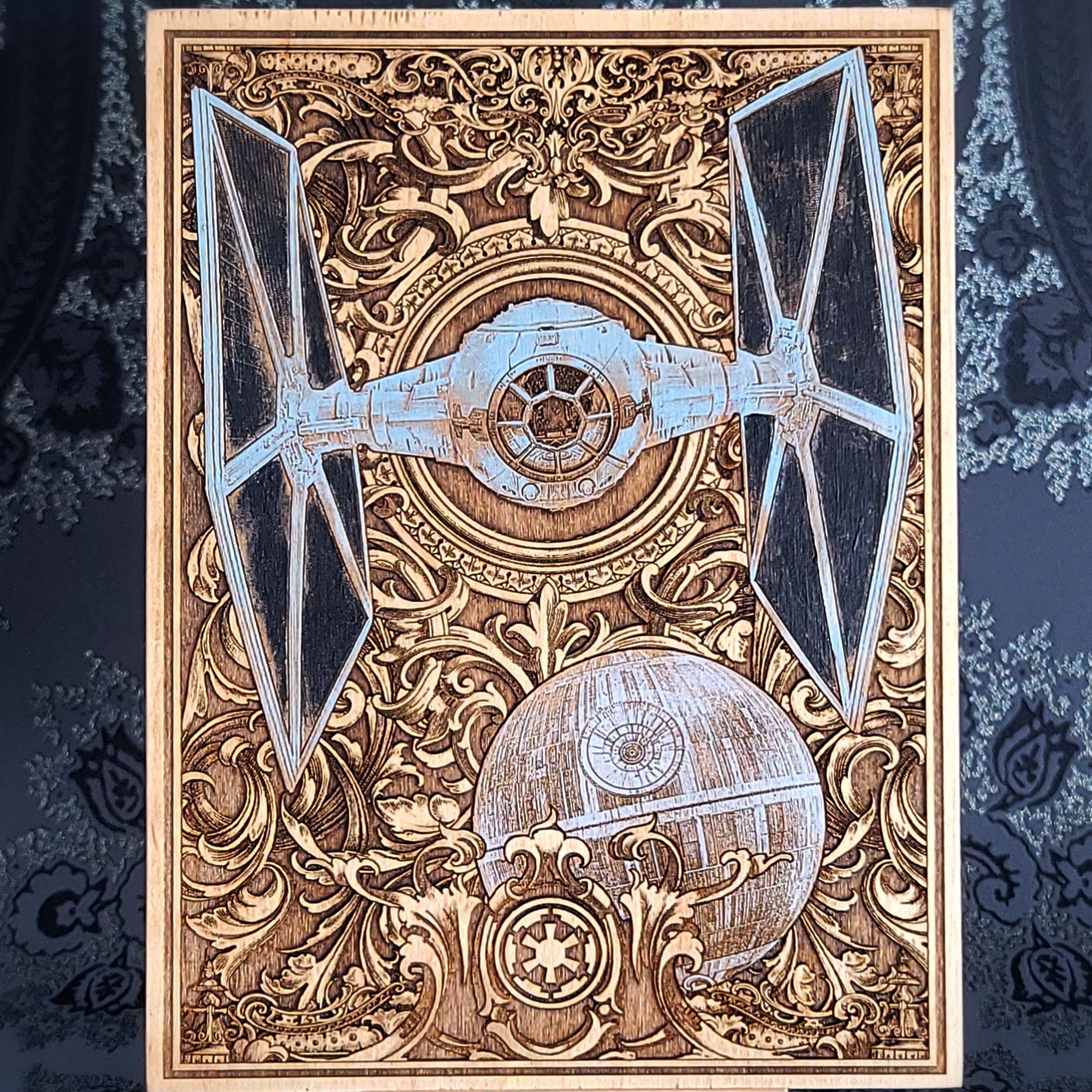 tie fighter ship wood wall art laser engraved