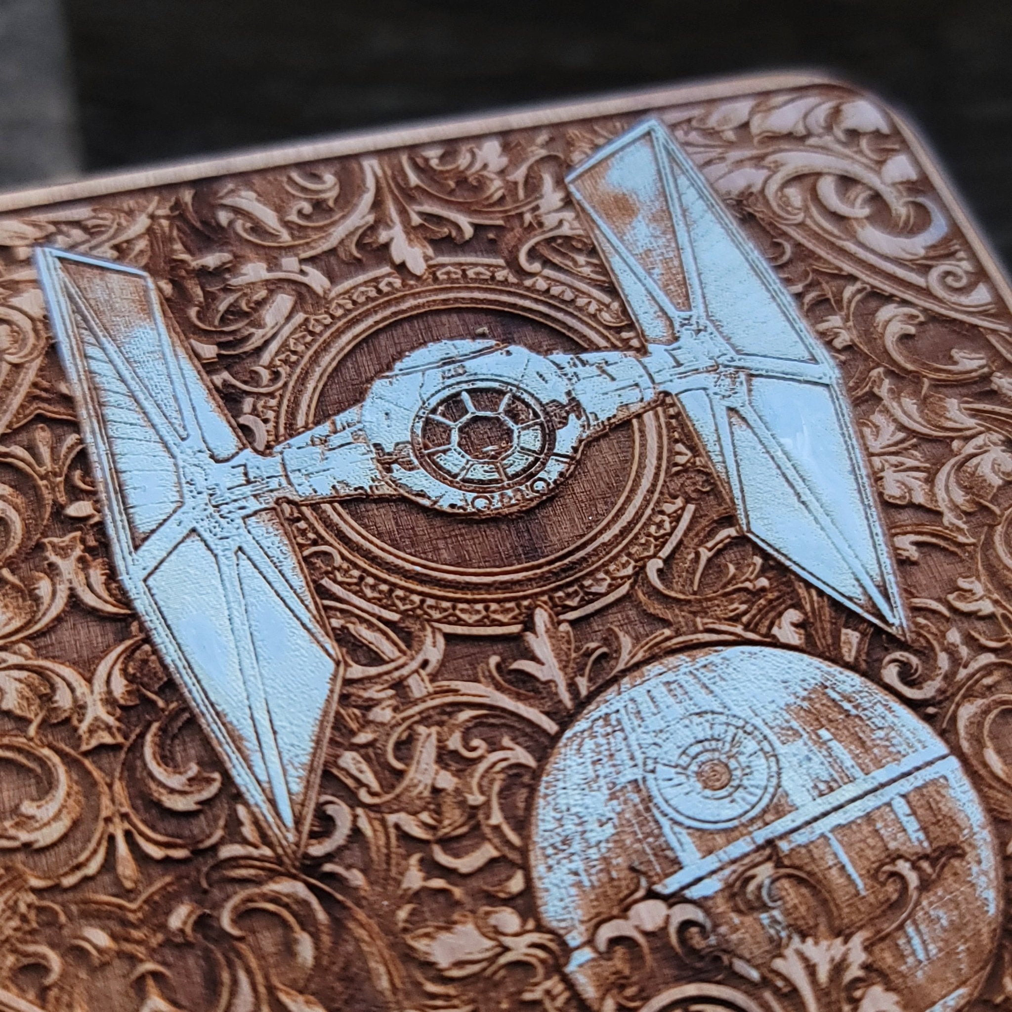 Handcrafted wood charger with galaxy battle ships from sci-fi lore.