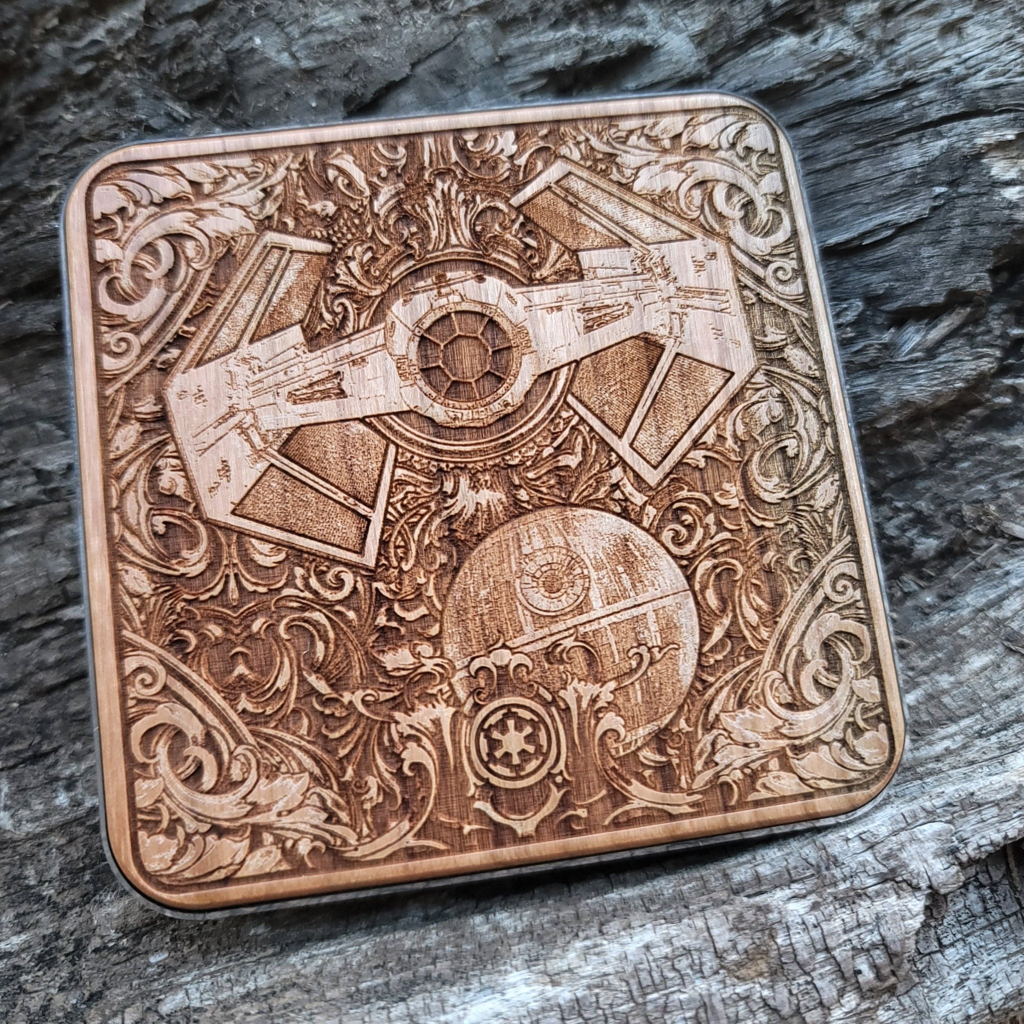 Side view of Star Wars-inspired starship formation on wood charger.