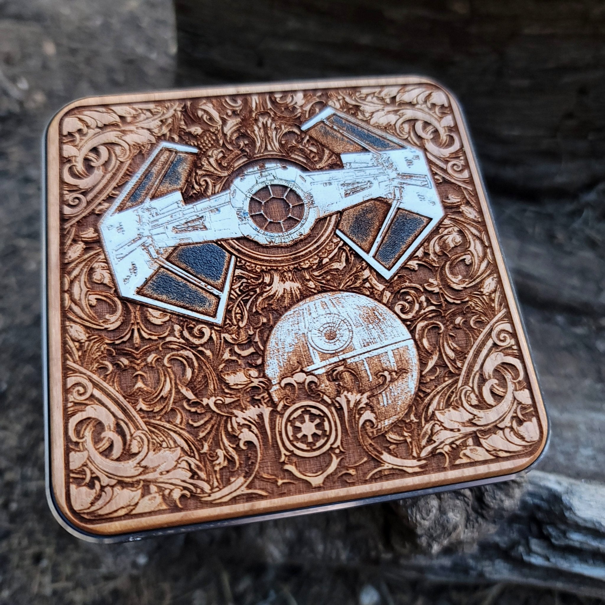 Side angle showing Star Wars-inspired fleet on wooden charger.
