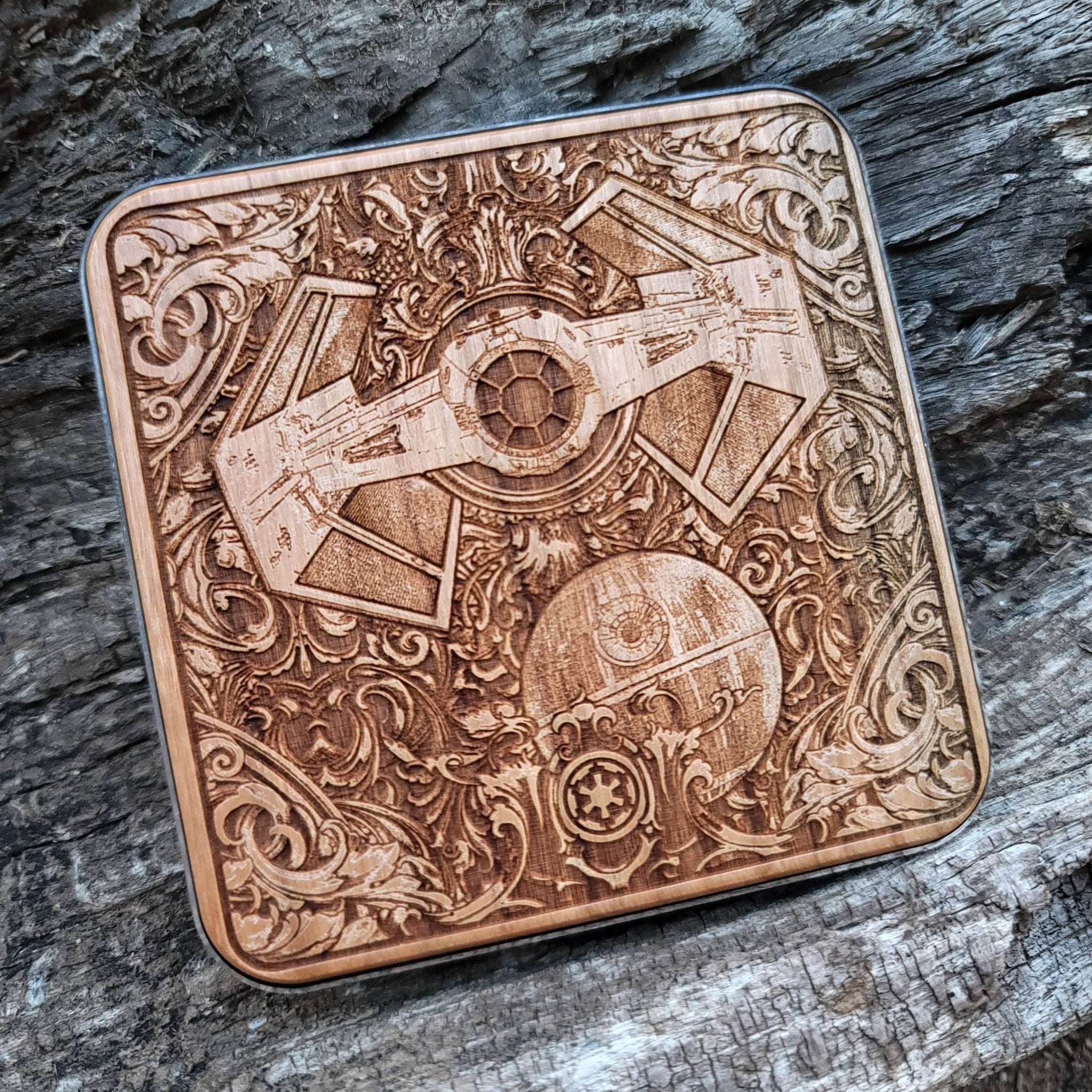 Dark art wooden charger featuring epic space battle design.