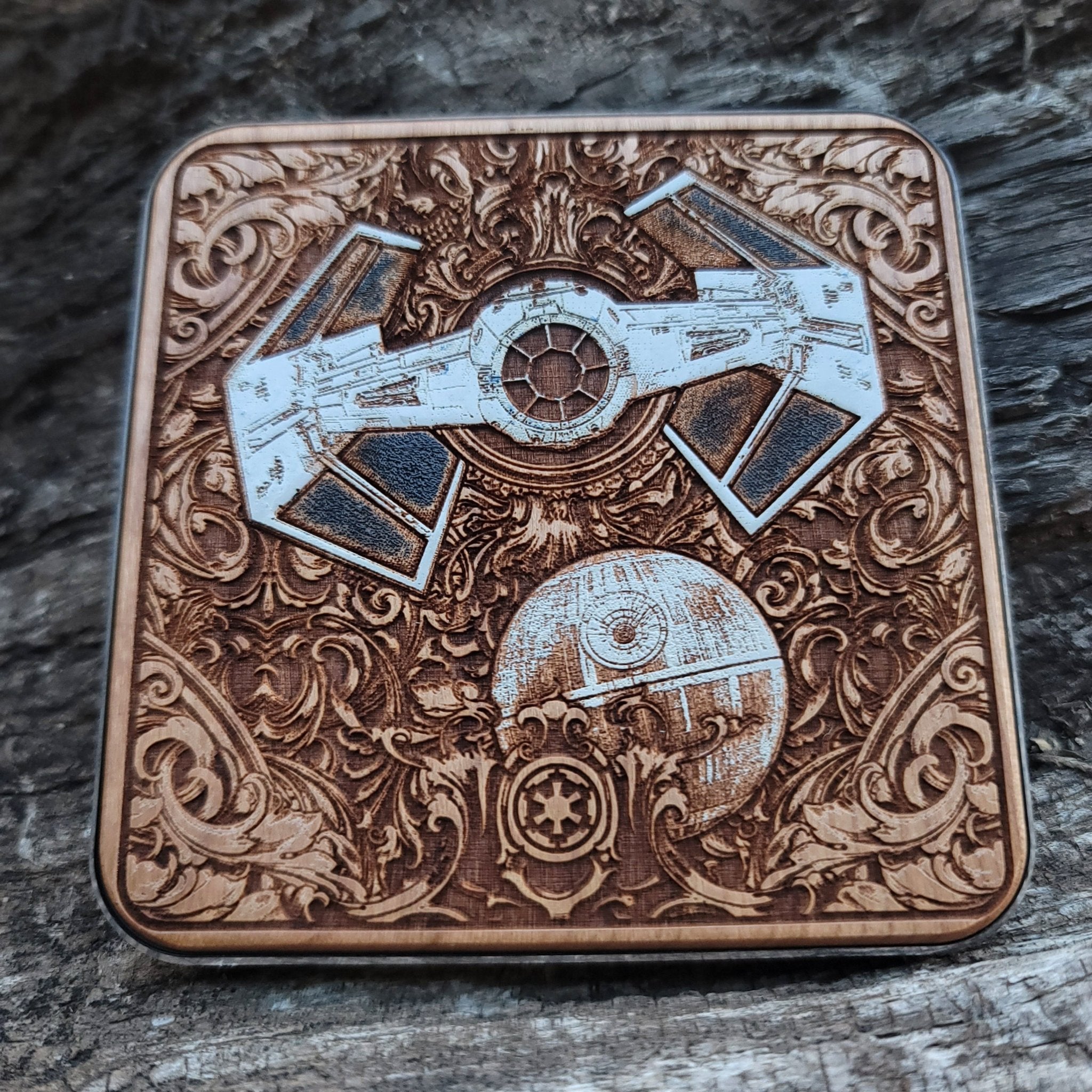Artisan charger featuring hand-painted intergalactic battle scene.