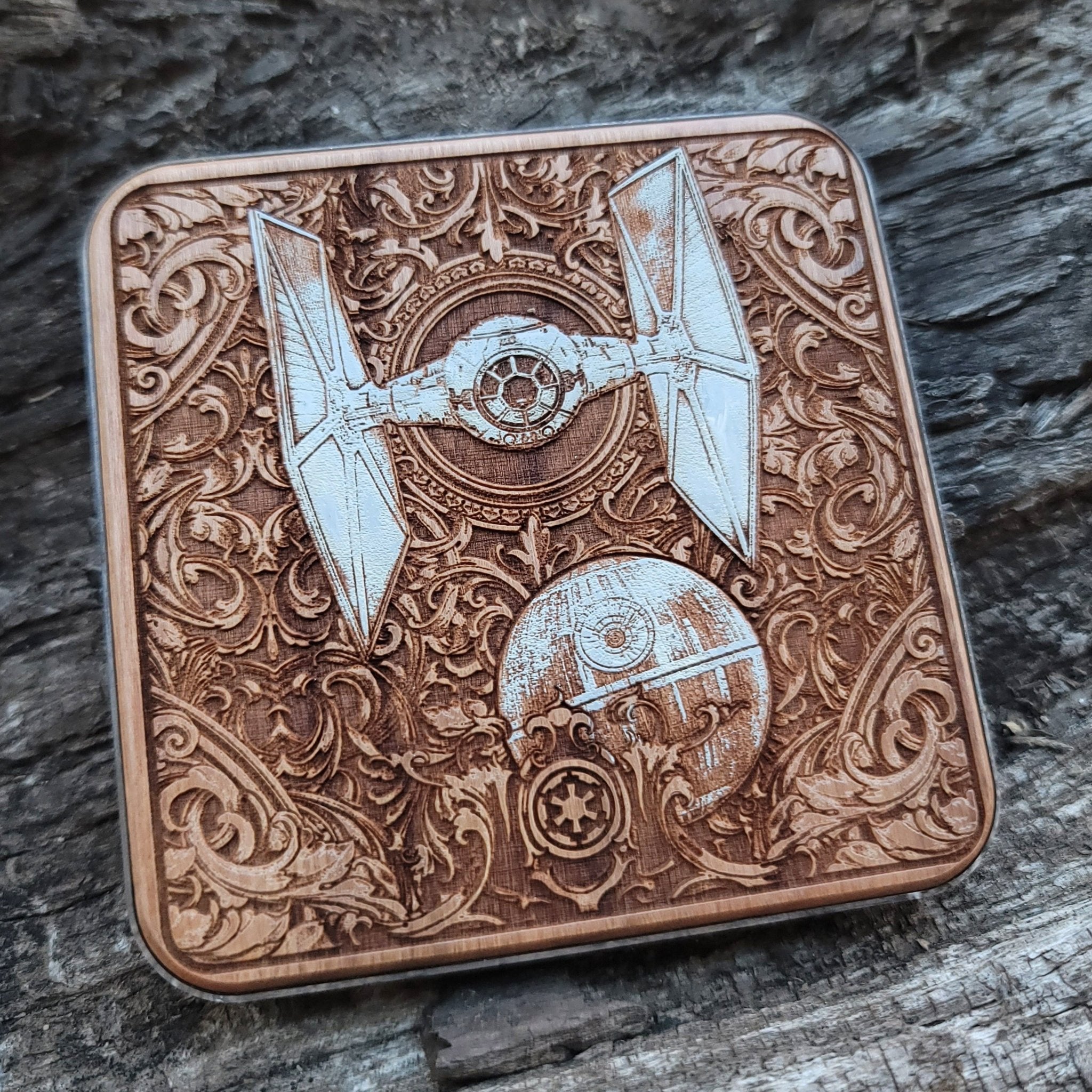 Artisan charger featuring hand-painted deep space battle scene.