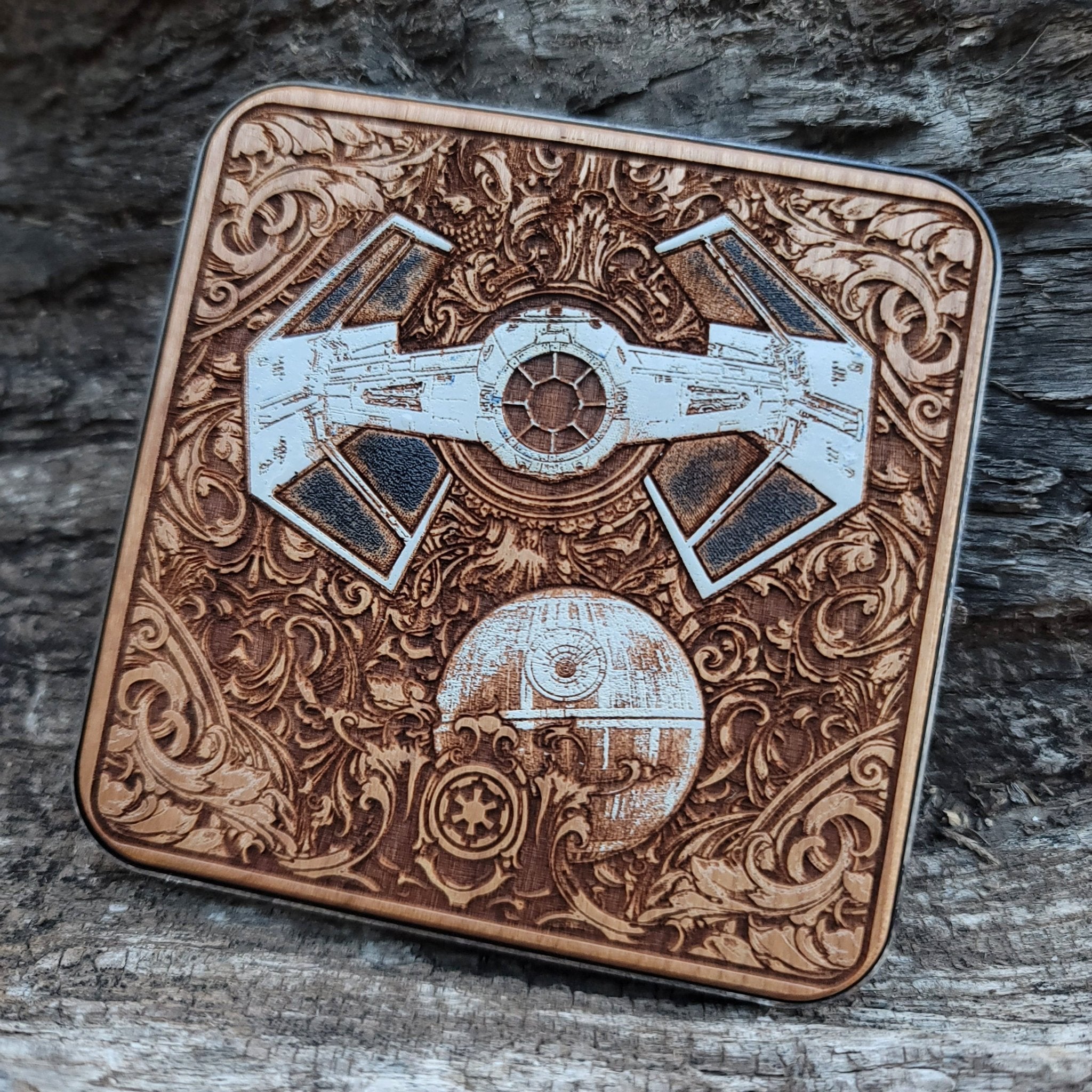 Galactic cruiser formation hand-painted on wireless wooden charger.