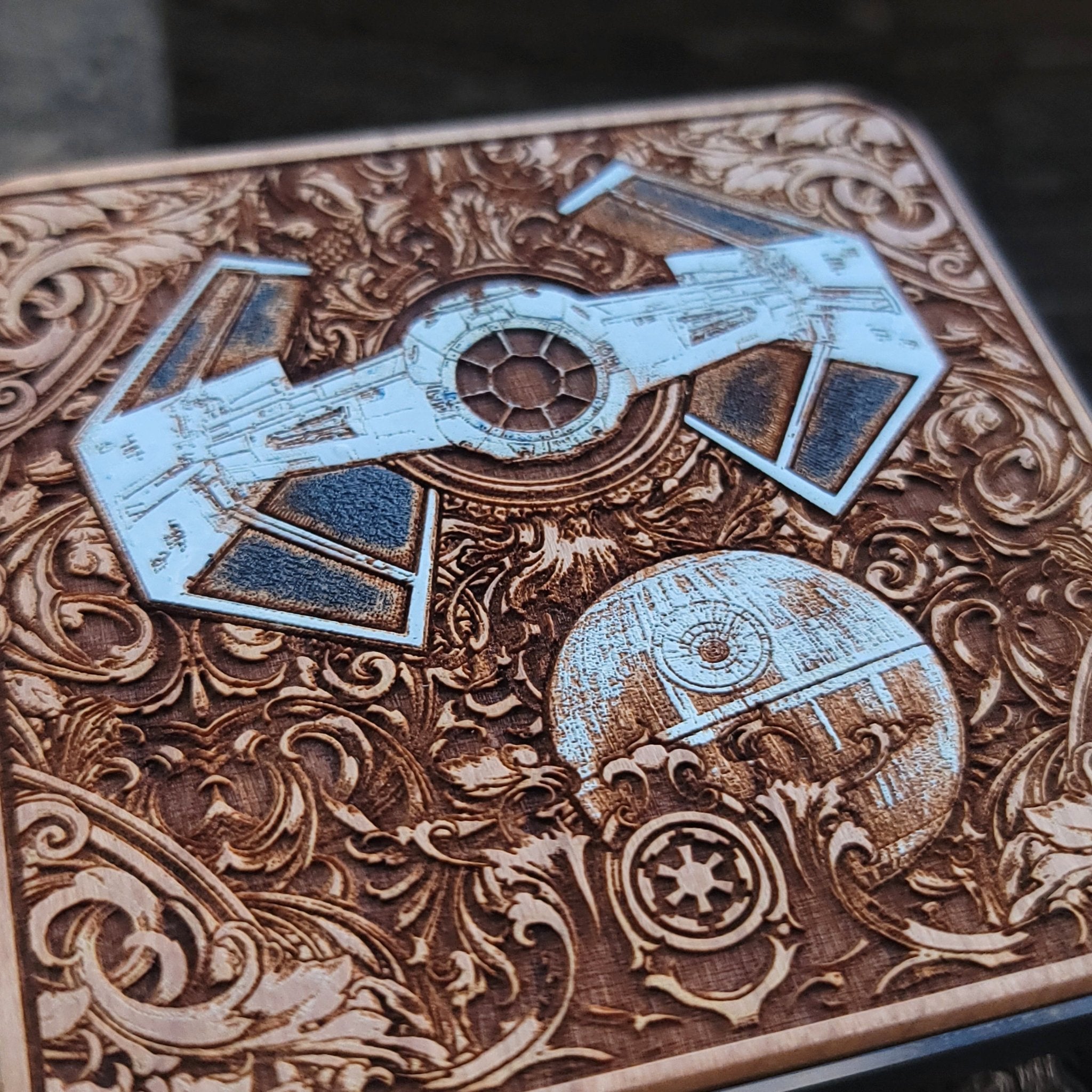 Star Wars rebel fleet design on handcrafted wood charger.