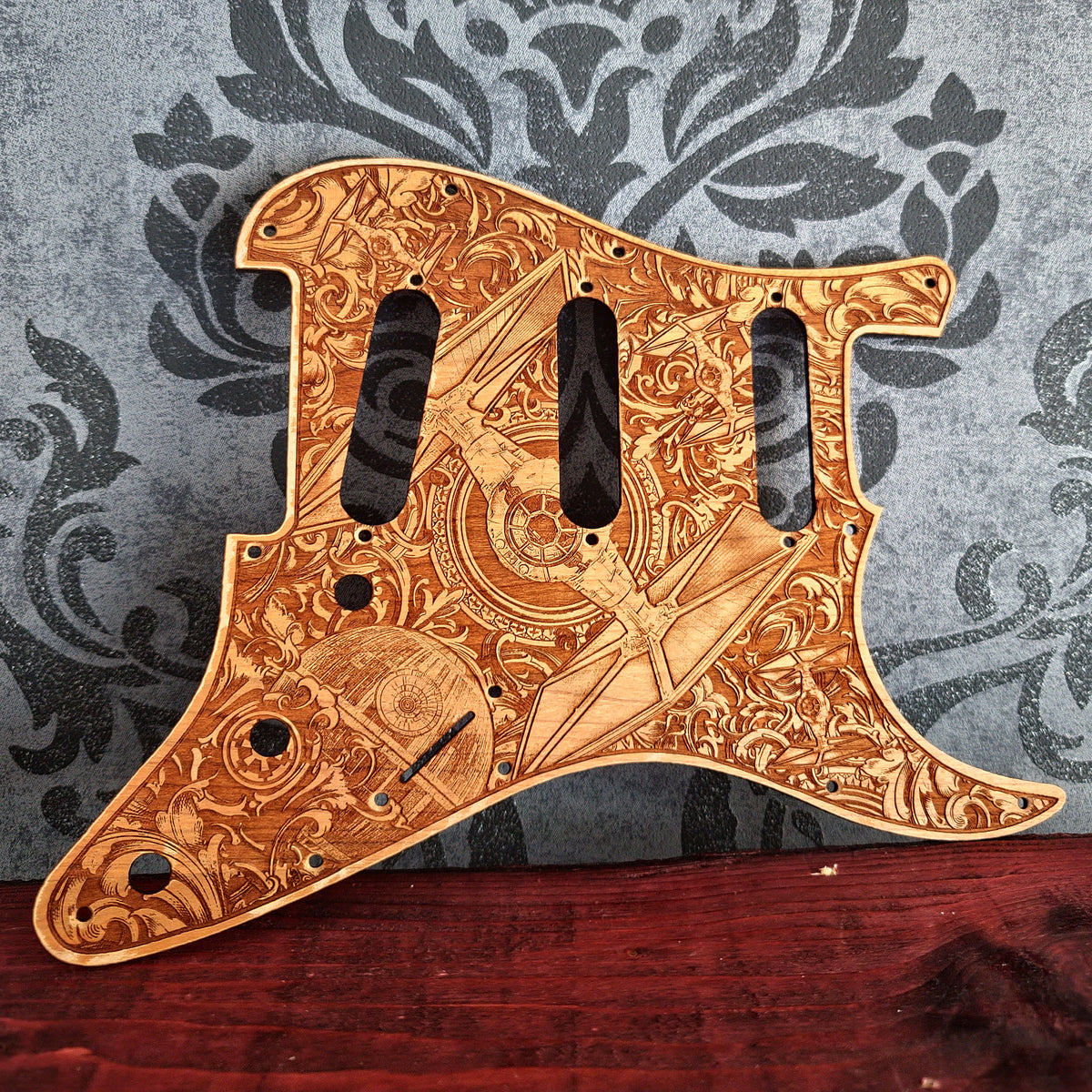 Custom laser engraved wood pickguard for electric guitar and bass